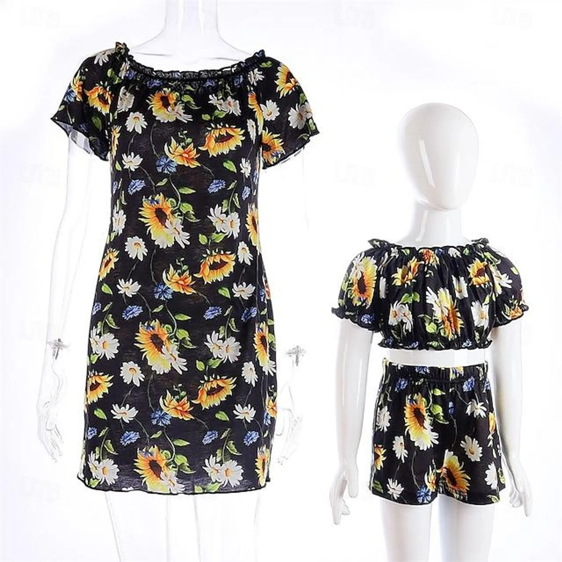 Vestidos para mamá y yo, trajes familiares a juego con girasoles, vestido negro de un hombro para mamá e hija, ropa familiar informal de verano para mamá y yo