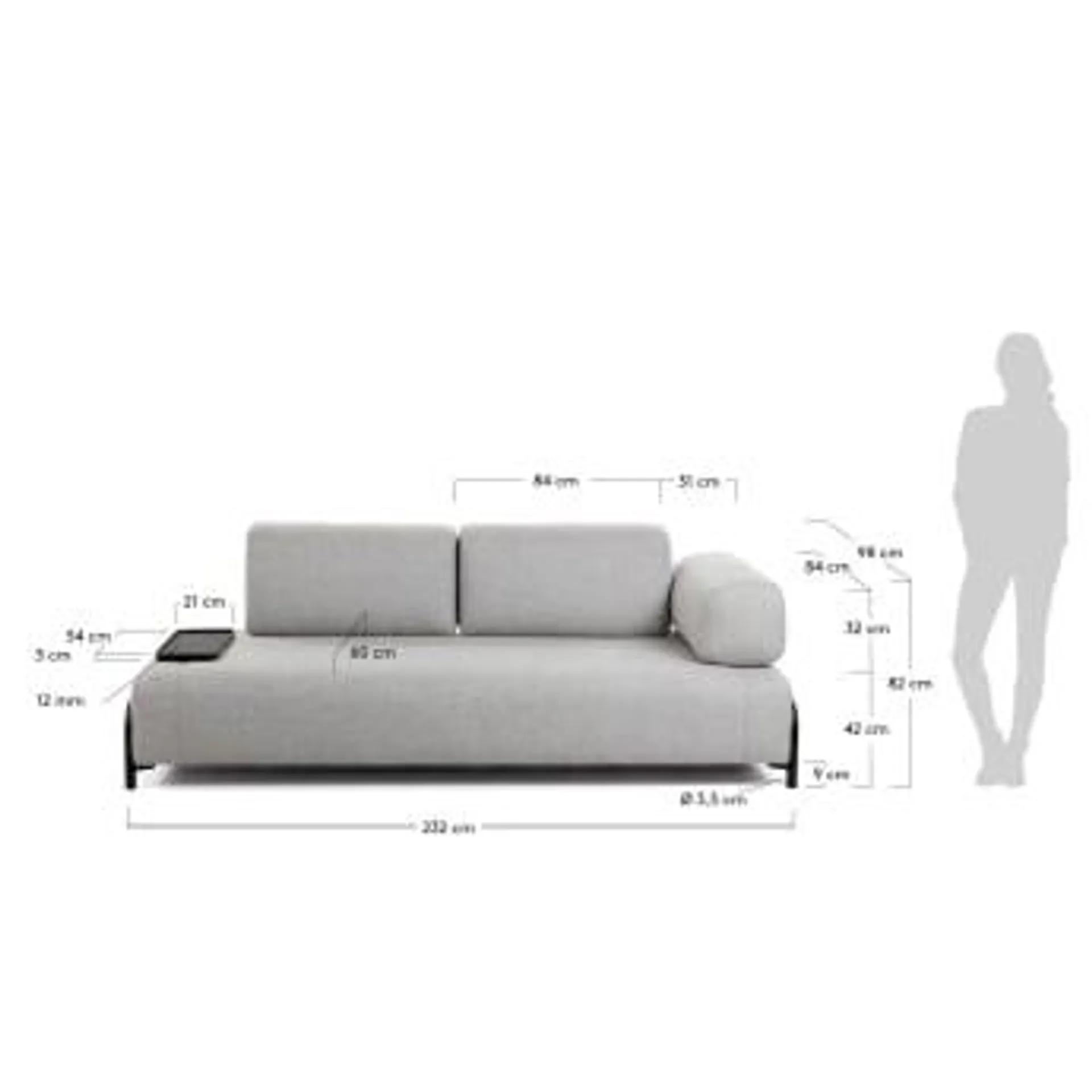 Sofá Compo 3 plazas beige grisáceo con bandeja pequeña 232 cm