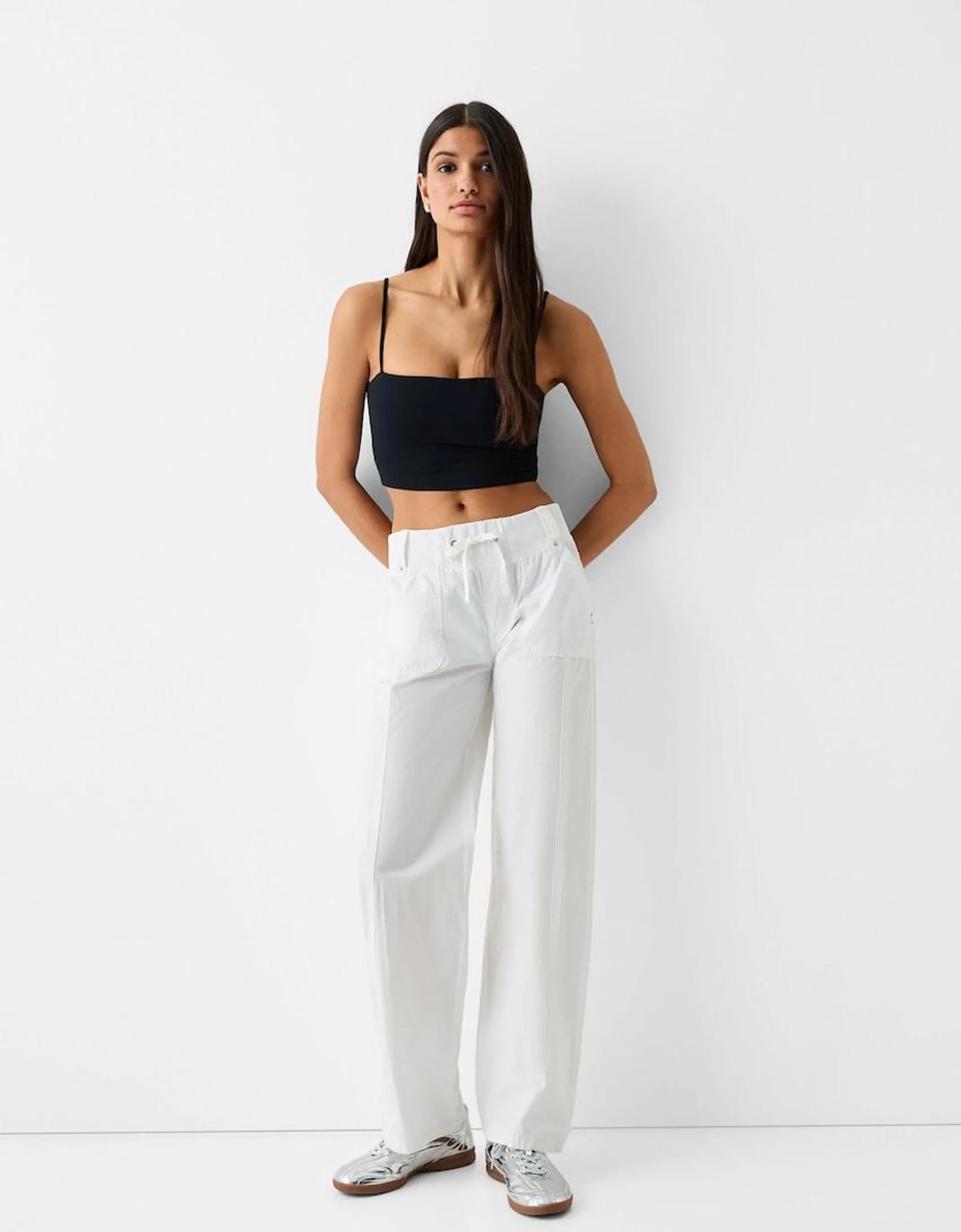 Straight fit cotton trousers with ribbed waist