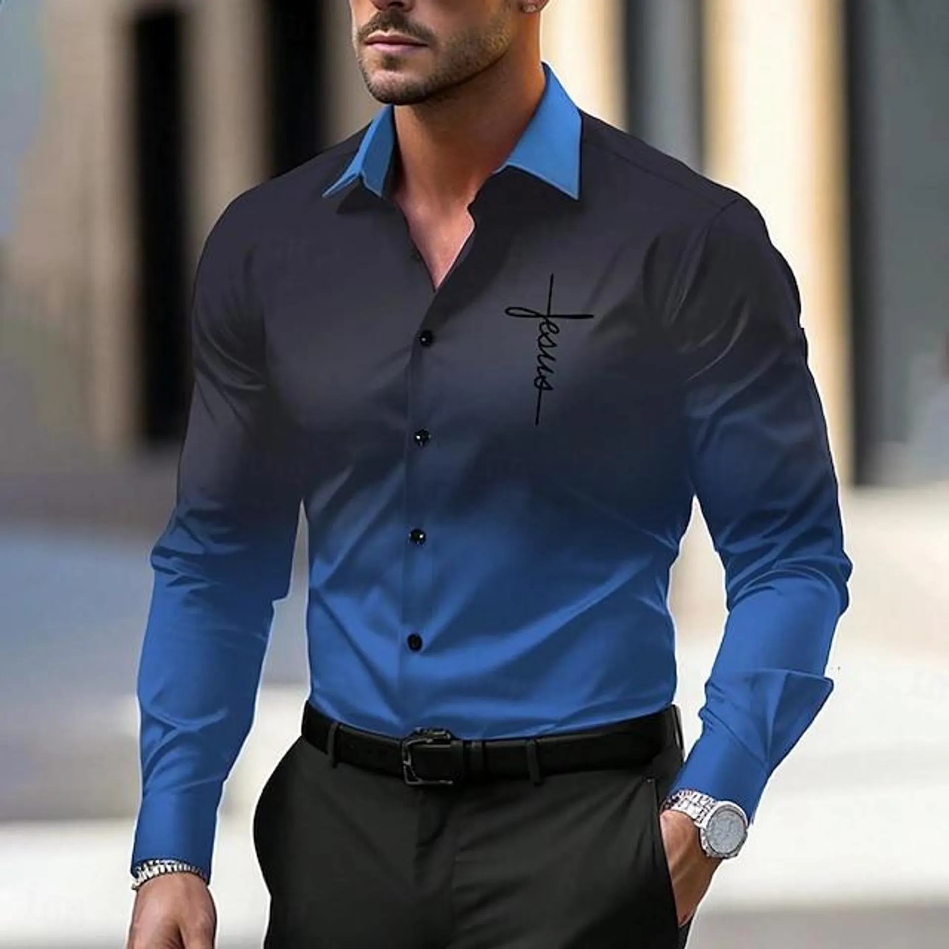 Men's Business Casual Printed Shirts Formal Fall Winter Spring & Summer Turndown Long Sleeve Blue S, M, L 4-Way Stretch Fabric Shirt