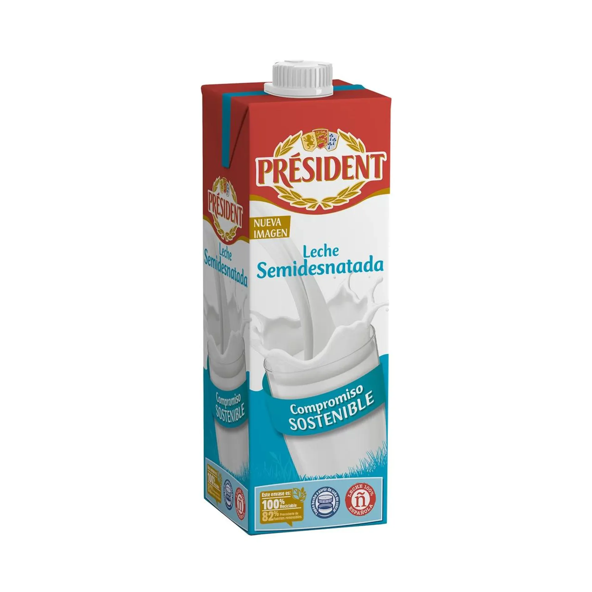 PRÉSIDENT Leche semidesnatada de vaca de origen 100% español 1 l.