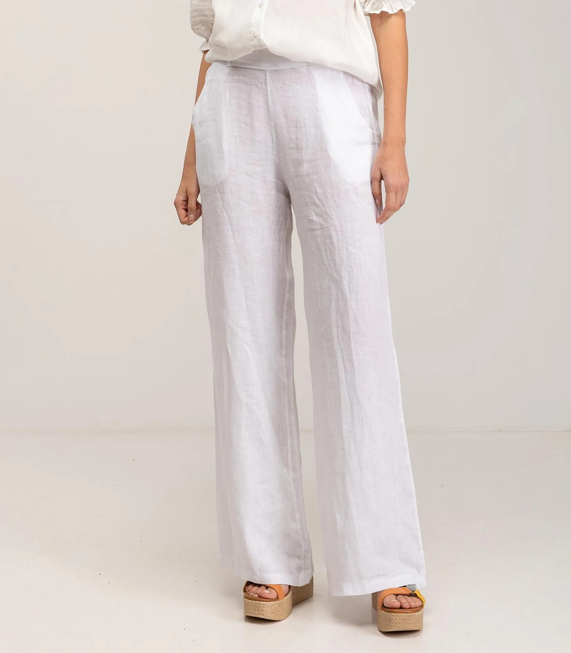 Pantalon de vestir ancho de lino con cintura elástica, bolsillos y tiro alto White