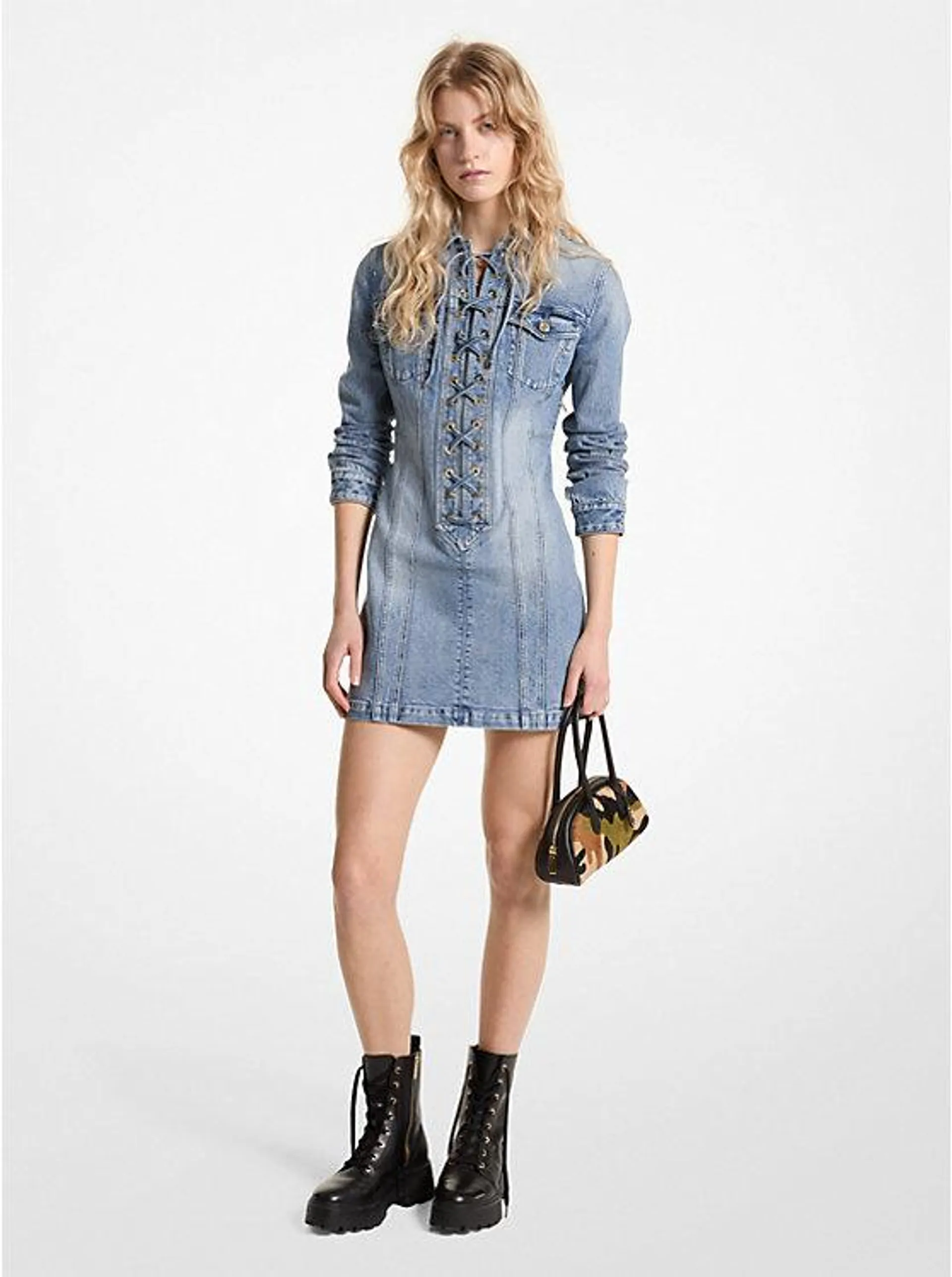 Vestido mini de denim elástico con cordones