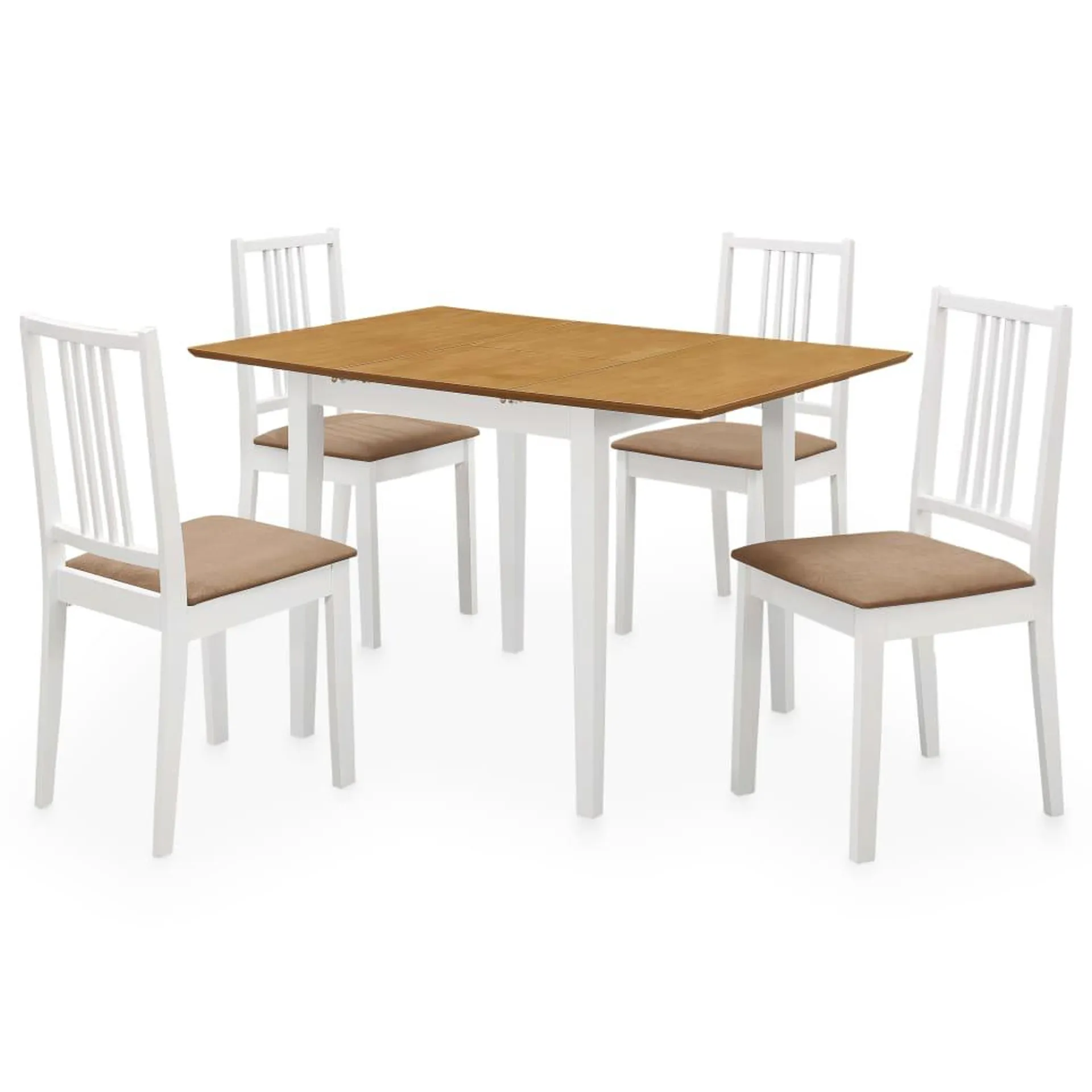 Conjunto de comedor 4 sillas + mesa extensible blanco/natural 74x80-120x80 cm