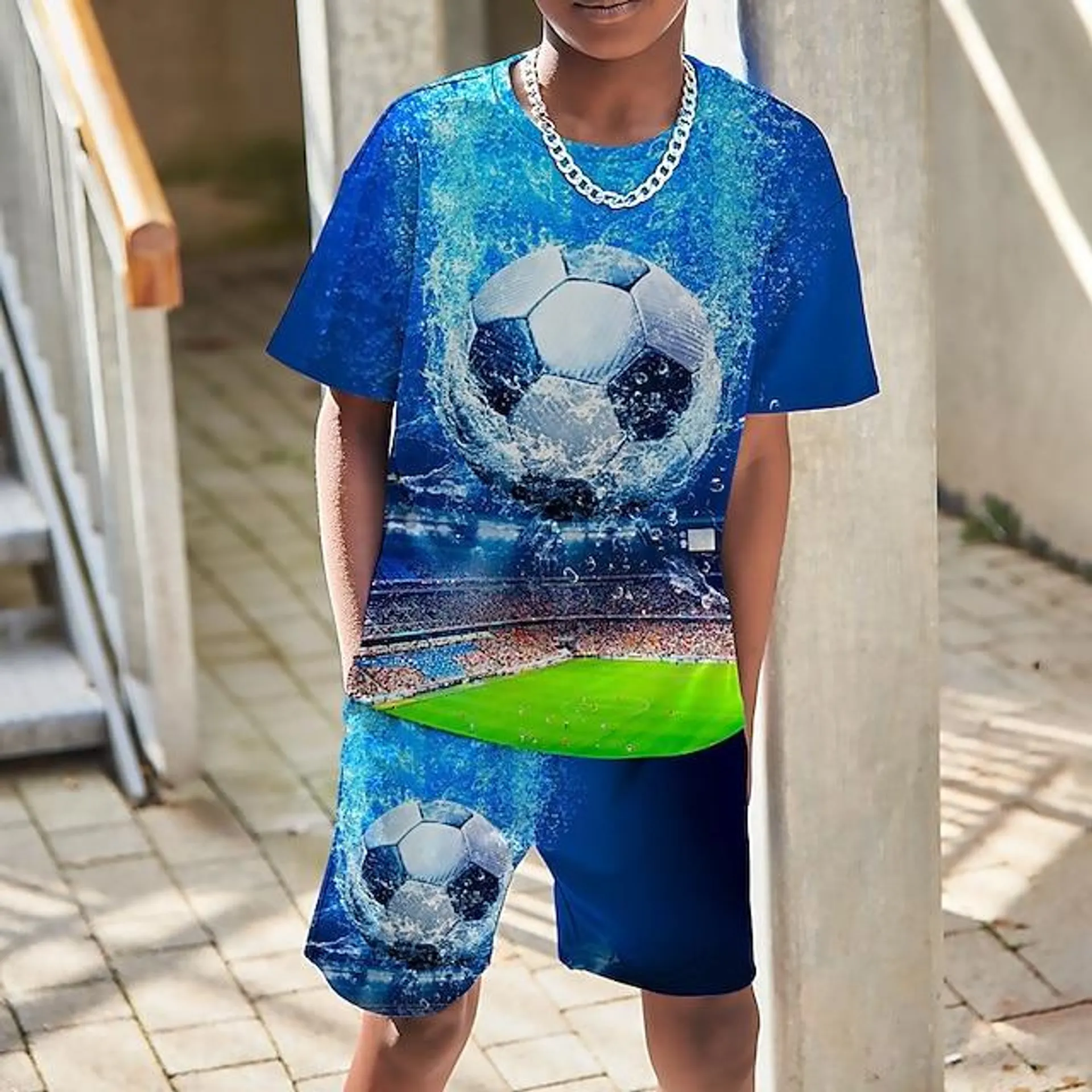 Chico 3D Graphic Fútbol Americano Camiseta y Bermudas Conjunto de camiseta Conjunto de Ropa Manga Corta Impresiones 3D Verano Primavera Activo Deportes Moda Poliéster Niños 3-13 años Exterior Calle