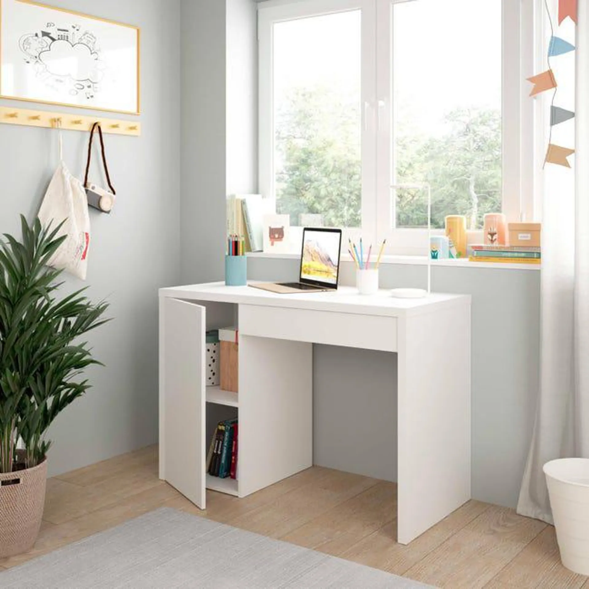 Mesa de estudio Gala con cajón y puerta color blanco de 72x109x50cm Ver detalles del producto