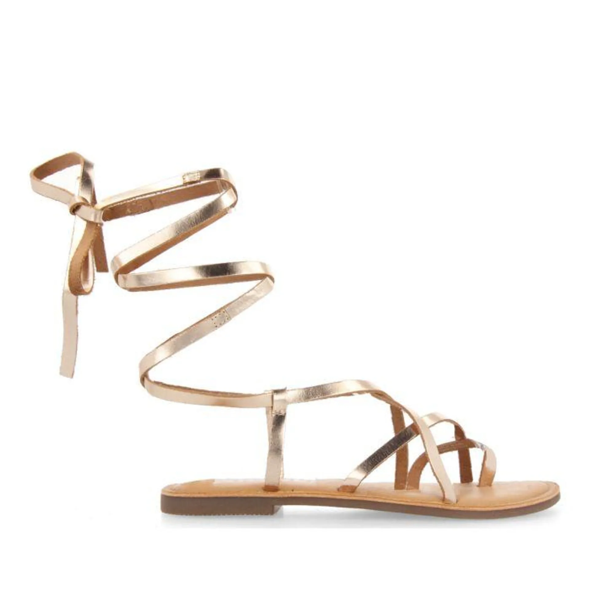 Lussat sandals with thin gold straps to tie around the leg