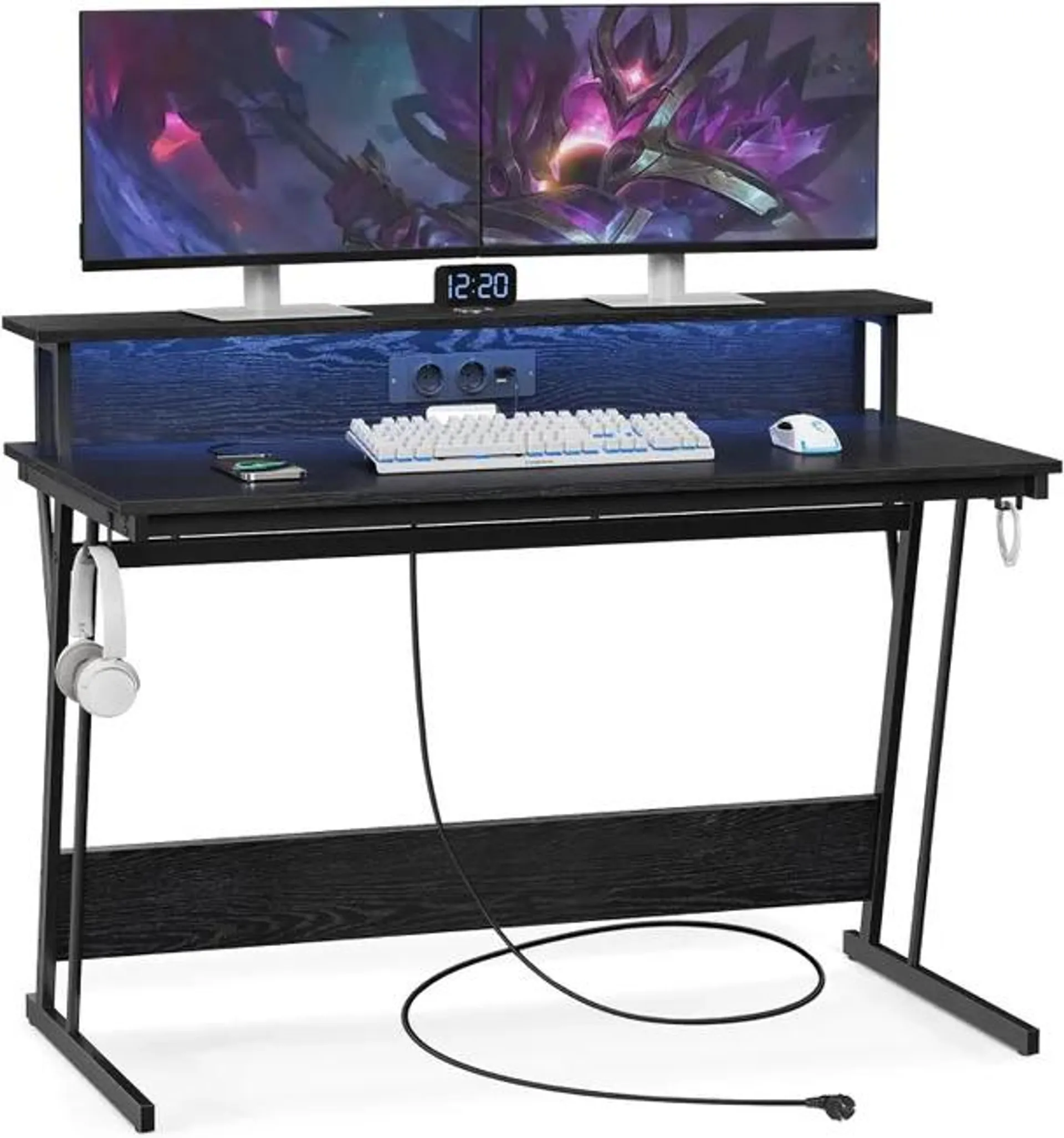 Escritorio gaming de 120 cm con luz led, tomas de corriente, estante superior para 2 monitores, ideal para dormitorio