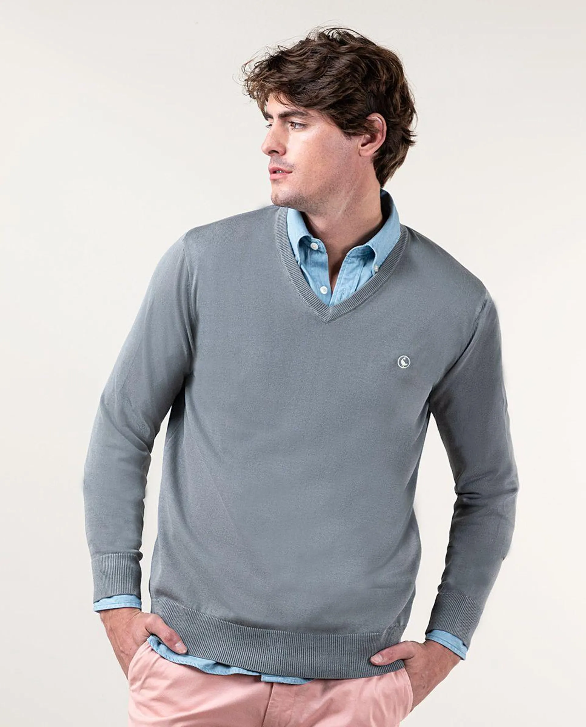 Jersey Cuello Pico Garment Dyed Gris