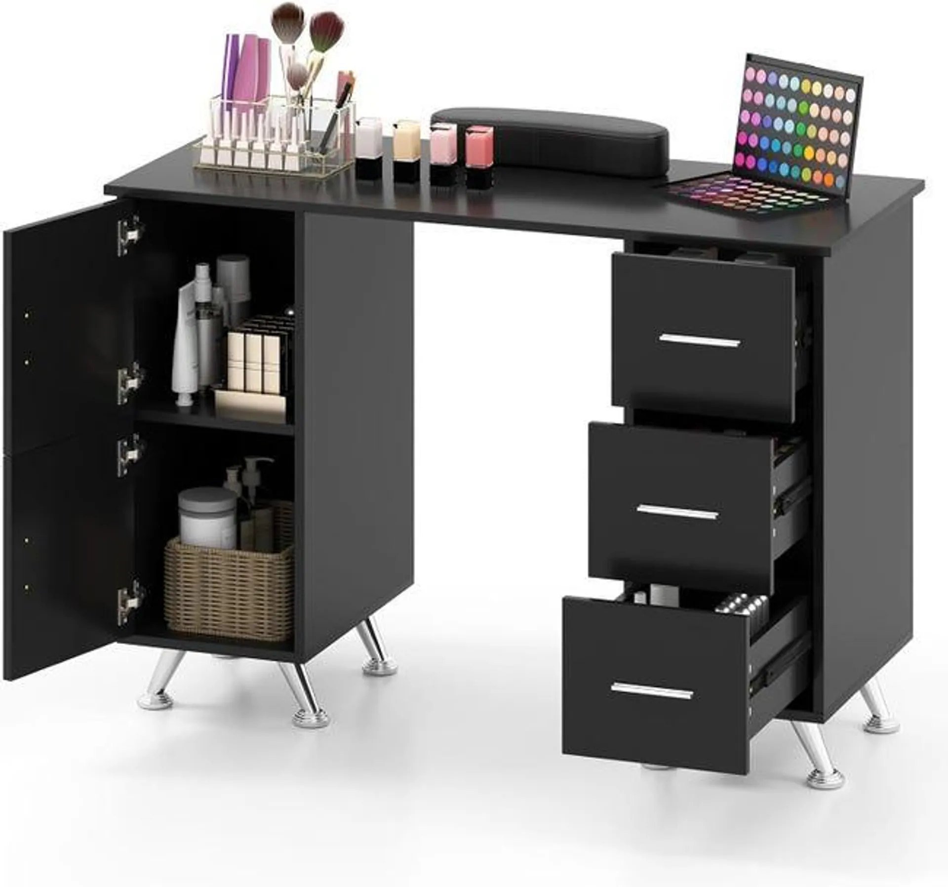 COSTWAY Mesa de Manicura con 3 Cajones, Soporte para Muñeca con Cojín Reposamuñecas Desmontable y 2 Armarios Grandes, Estación de Trabajo para Técnico