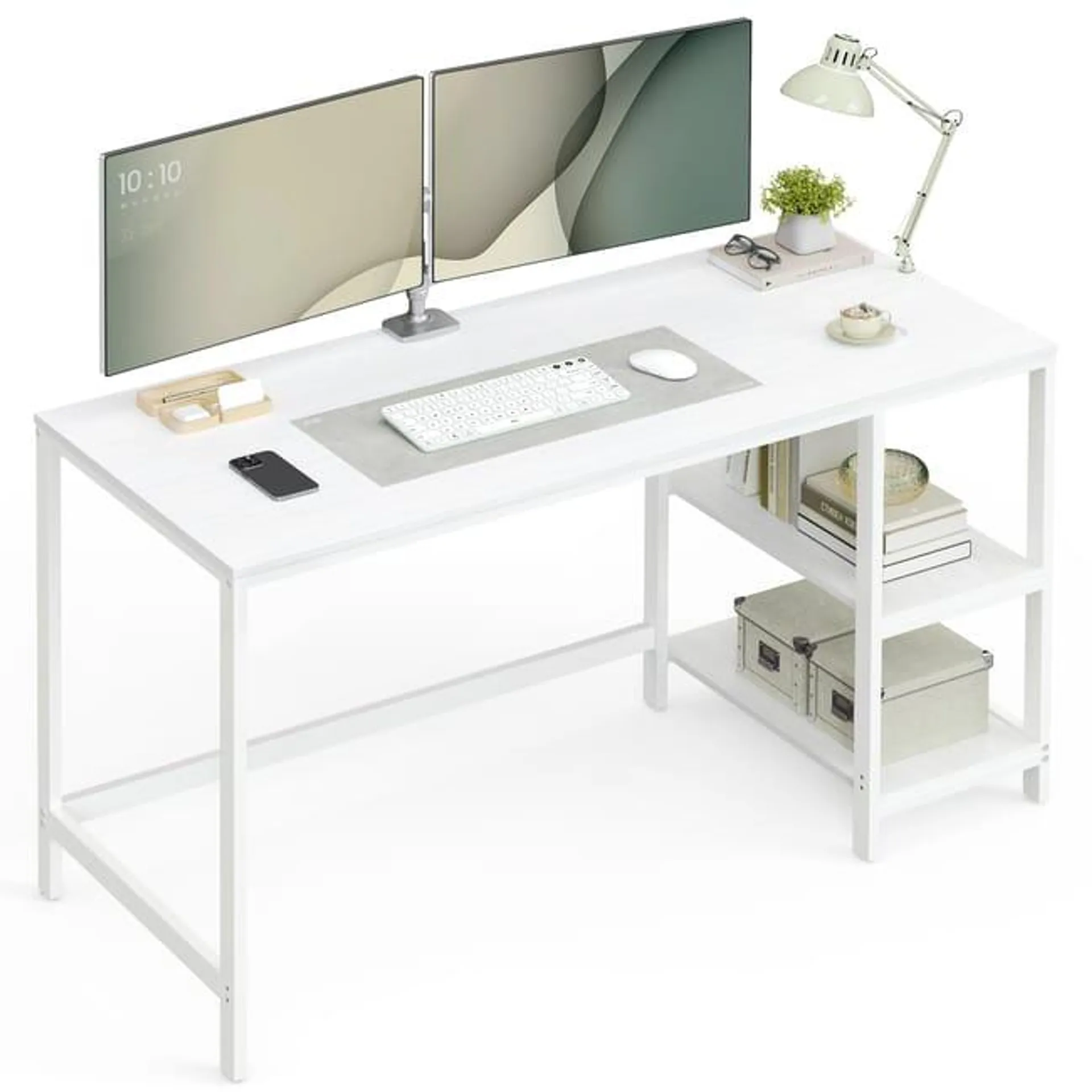 Escritorio moderno con 2 estantes ajustables izquierda o derecha, mesa de trabajo para salón y oficina, estructura de acero, 140x60x90 cm, blanco arce
