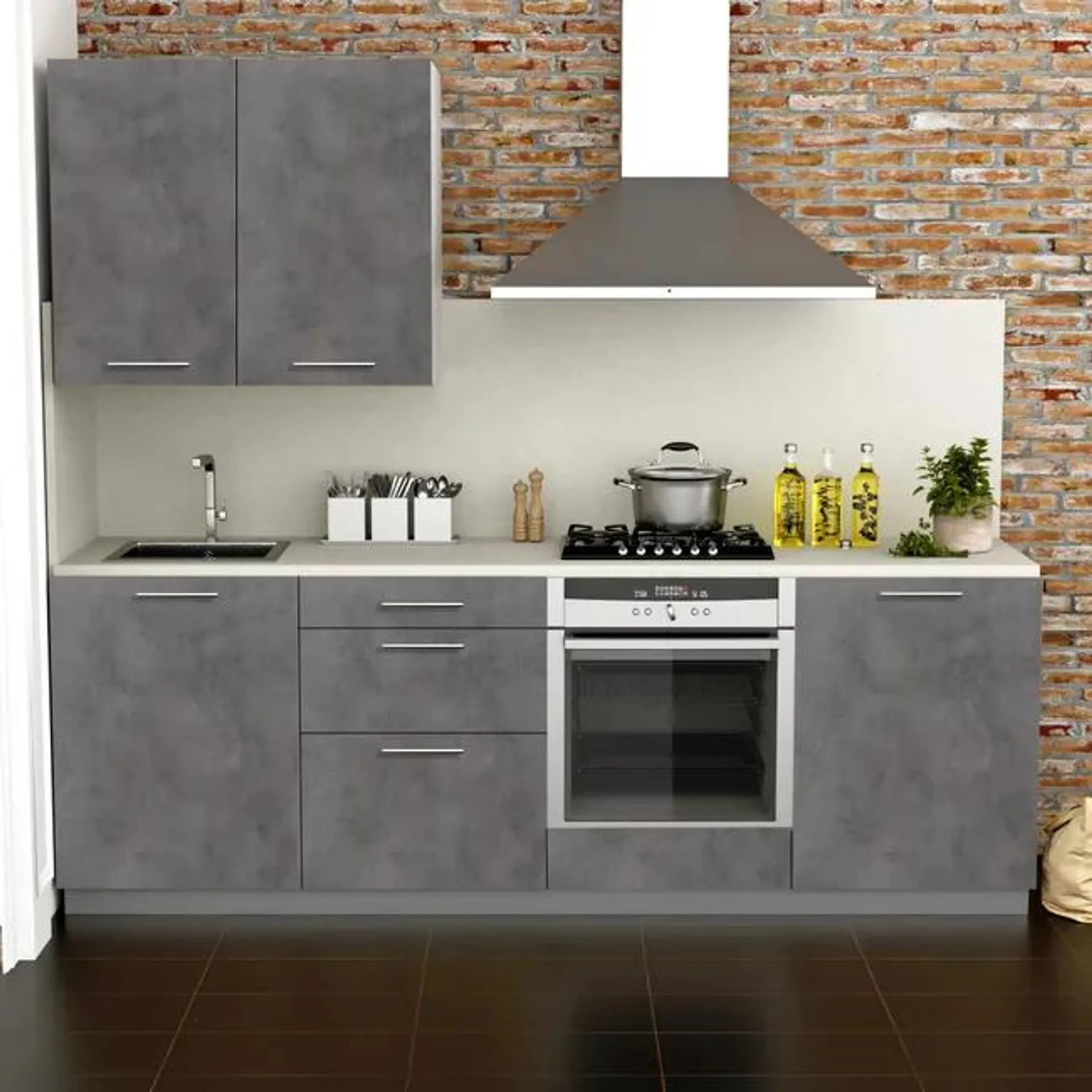 Cocina en kit Atenas gris oscuro 240 cm con 1 módulo alto + 4 módulos bajos