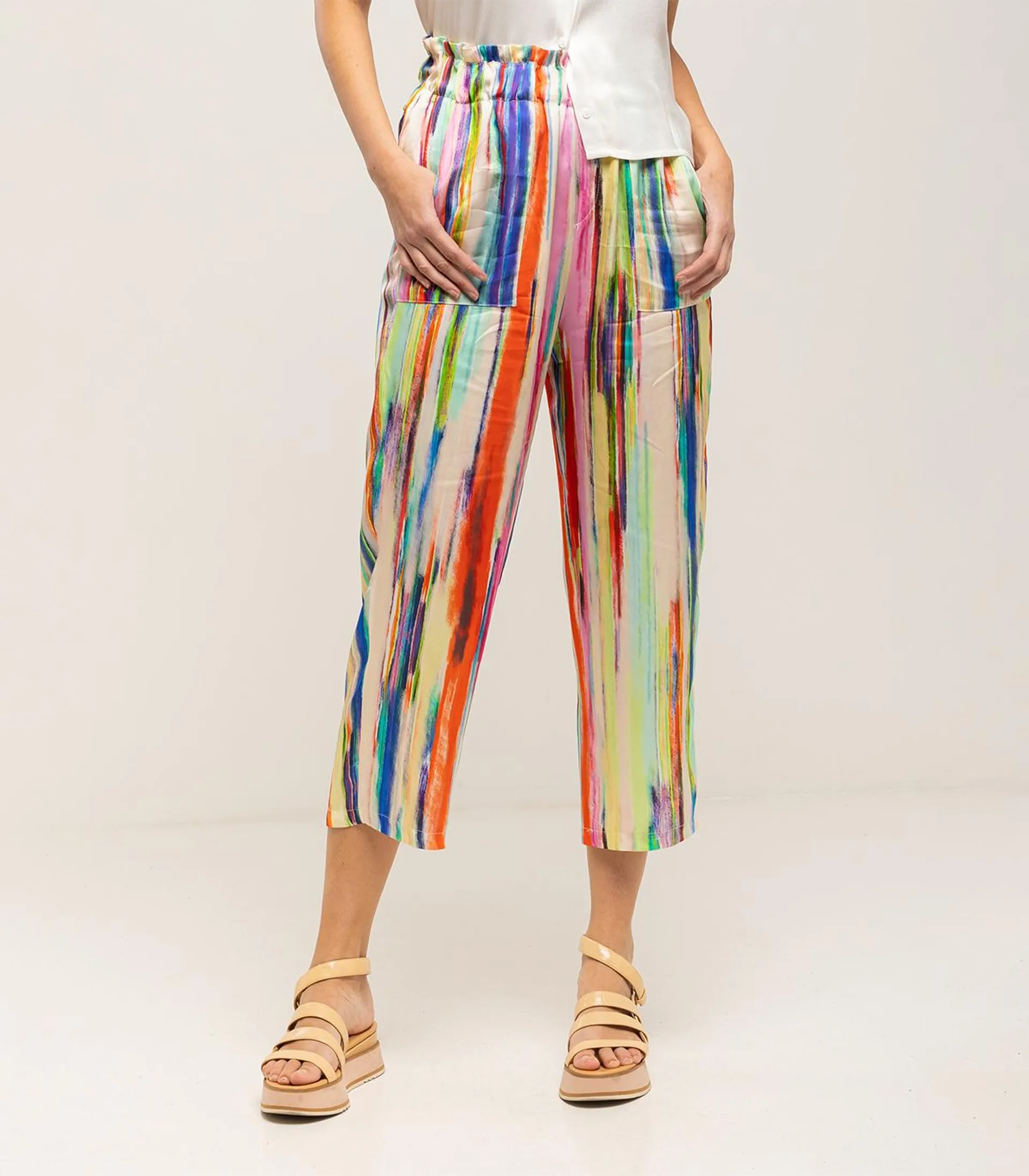 Pantalón ancho de raso con rayas multicolor y cintura elástica Ecru