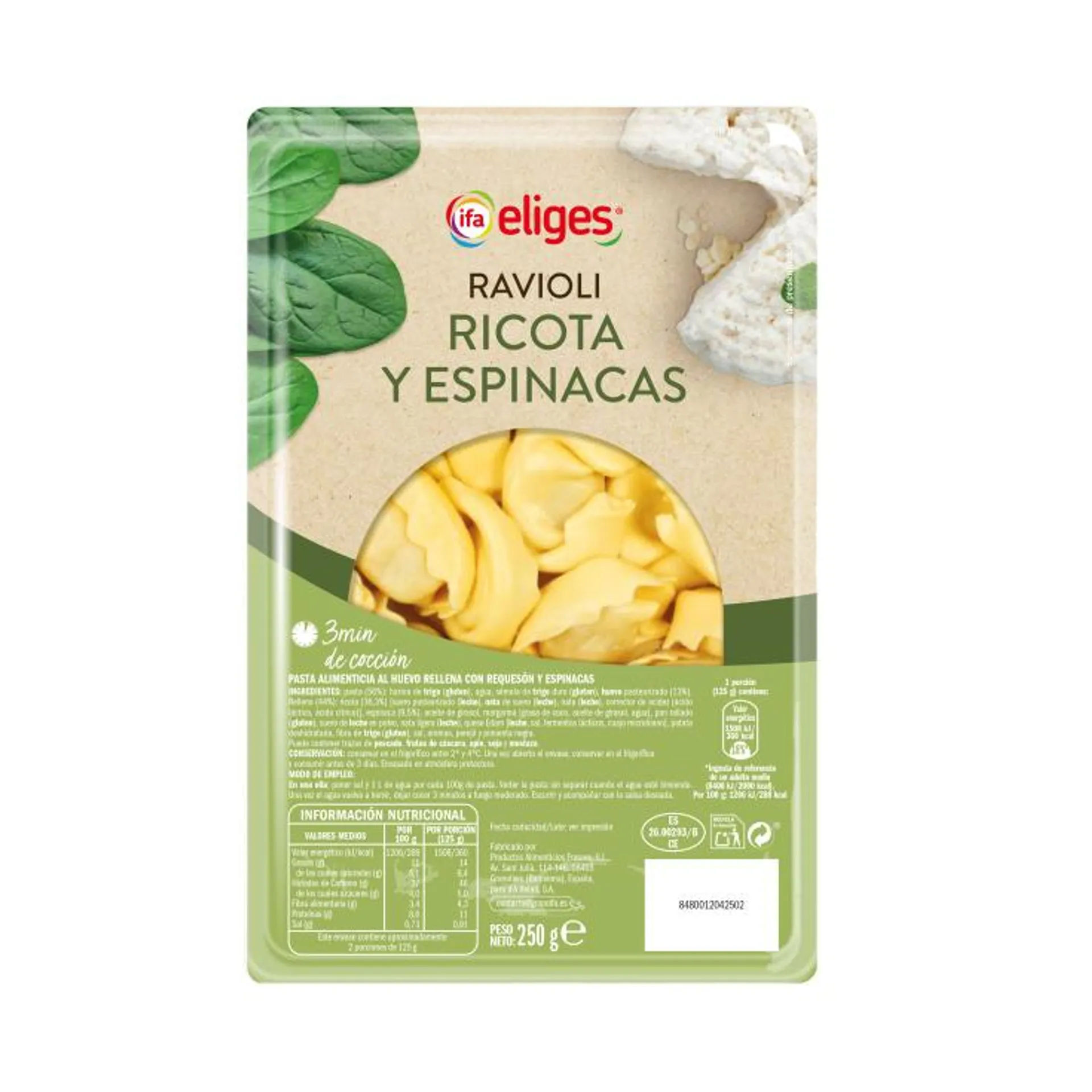 ravioli ricotta y espinacas, 250g