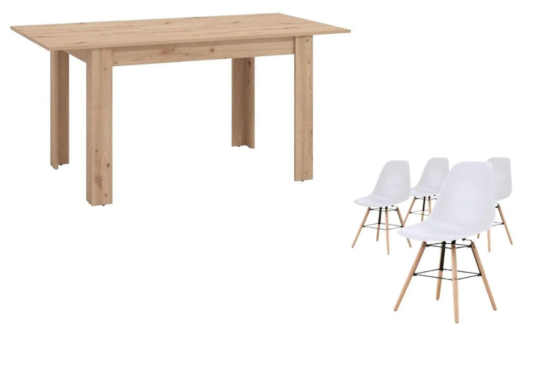 PACK Mesa HAMAR Roble + 4 Sillas NORDIC Blancas diseño