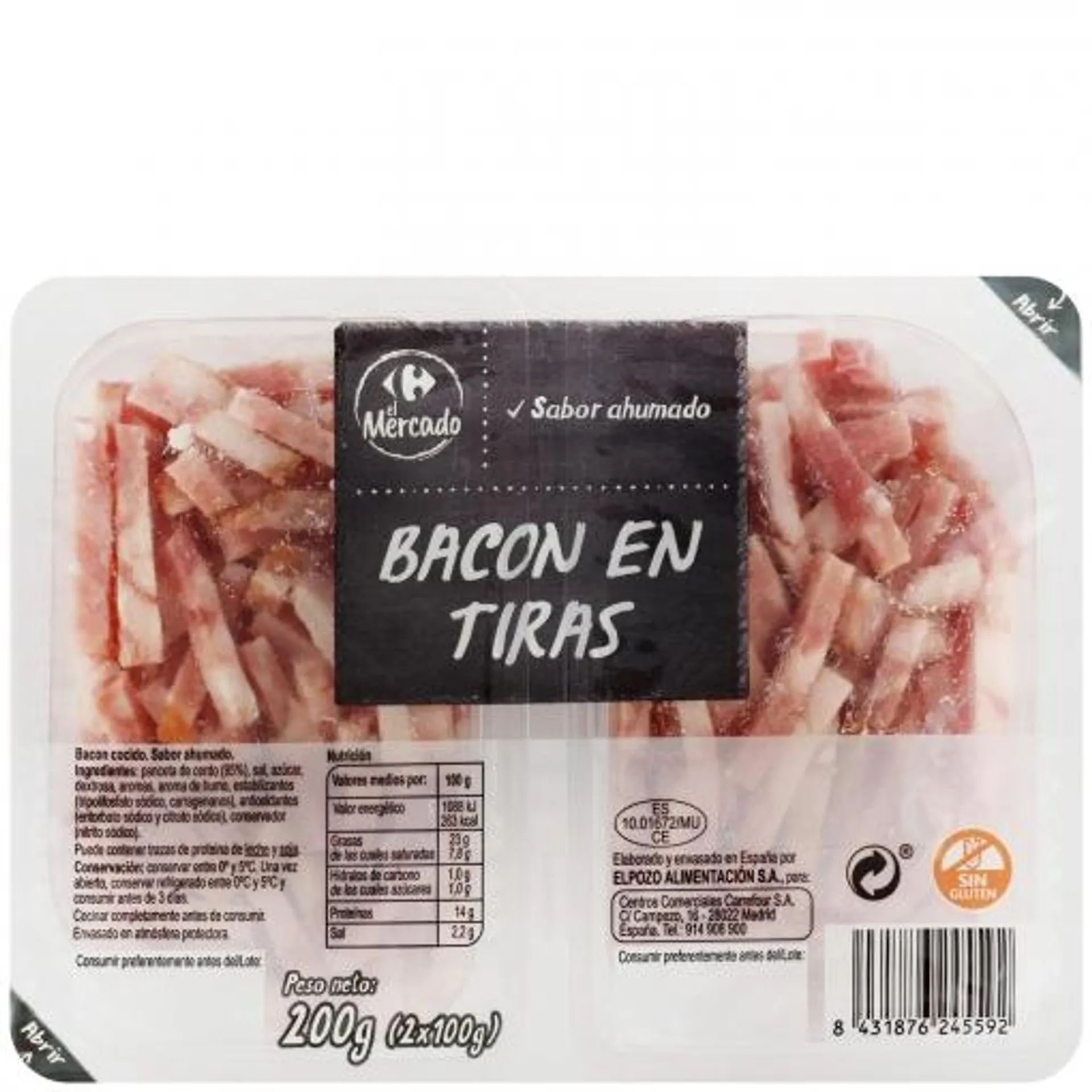 Bacón sabor ahumado en tiras Carrefour El Mercado sin gluten pack de 2 unidades de 100 g