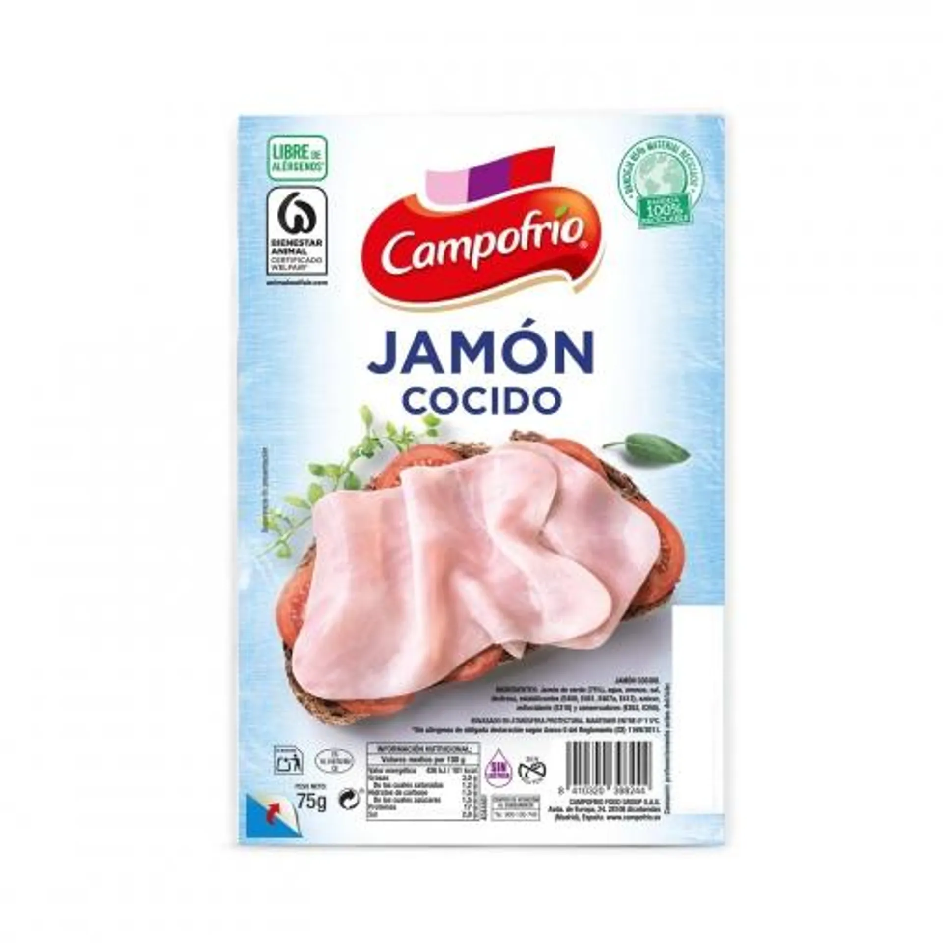 Jamón cocido en lonchas Campofrío sin gluten y sin lactosa 75 g