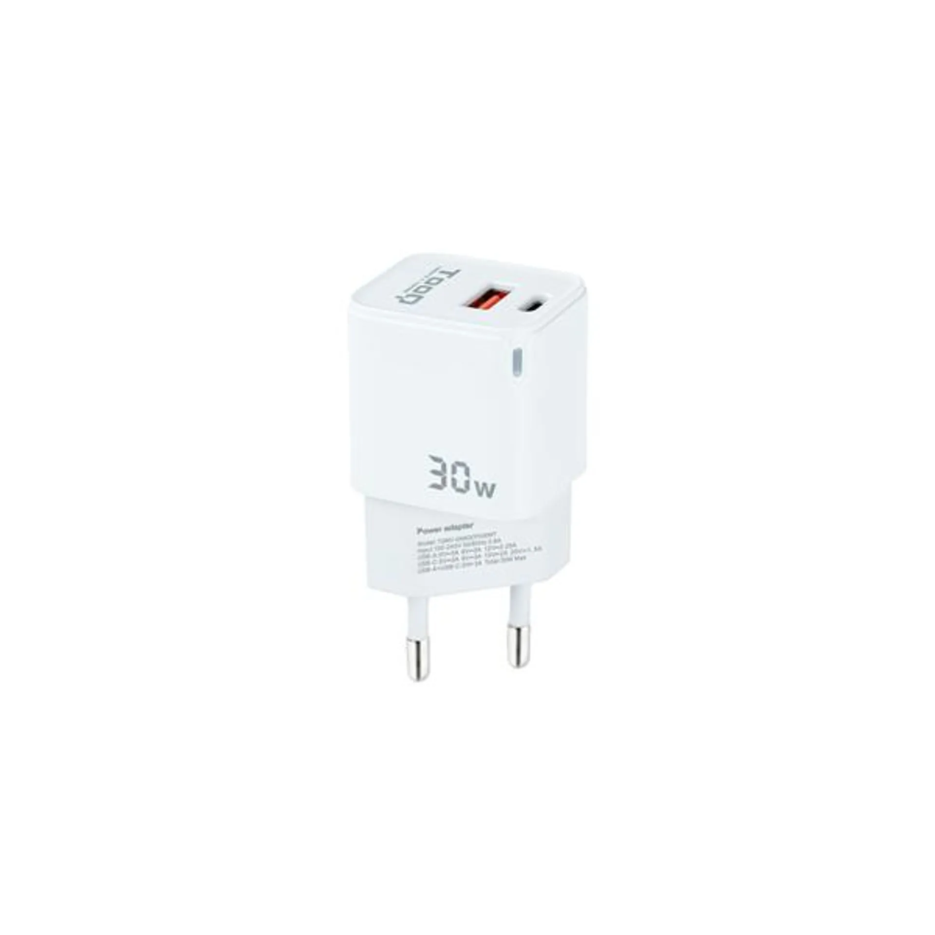 CARGADOR USB PARED TOOQ TQWC-GANQCPD30WT GAN USB-C-PD-USB-A-QC 30W BLANCO