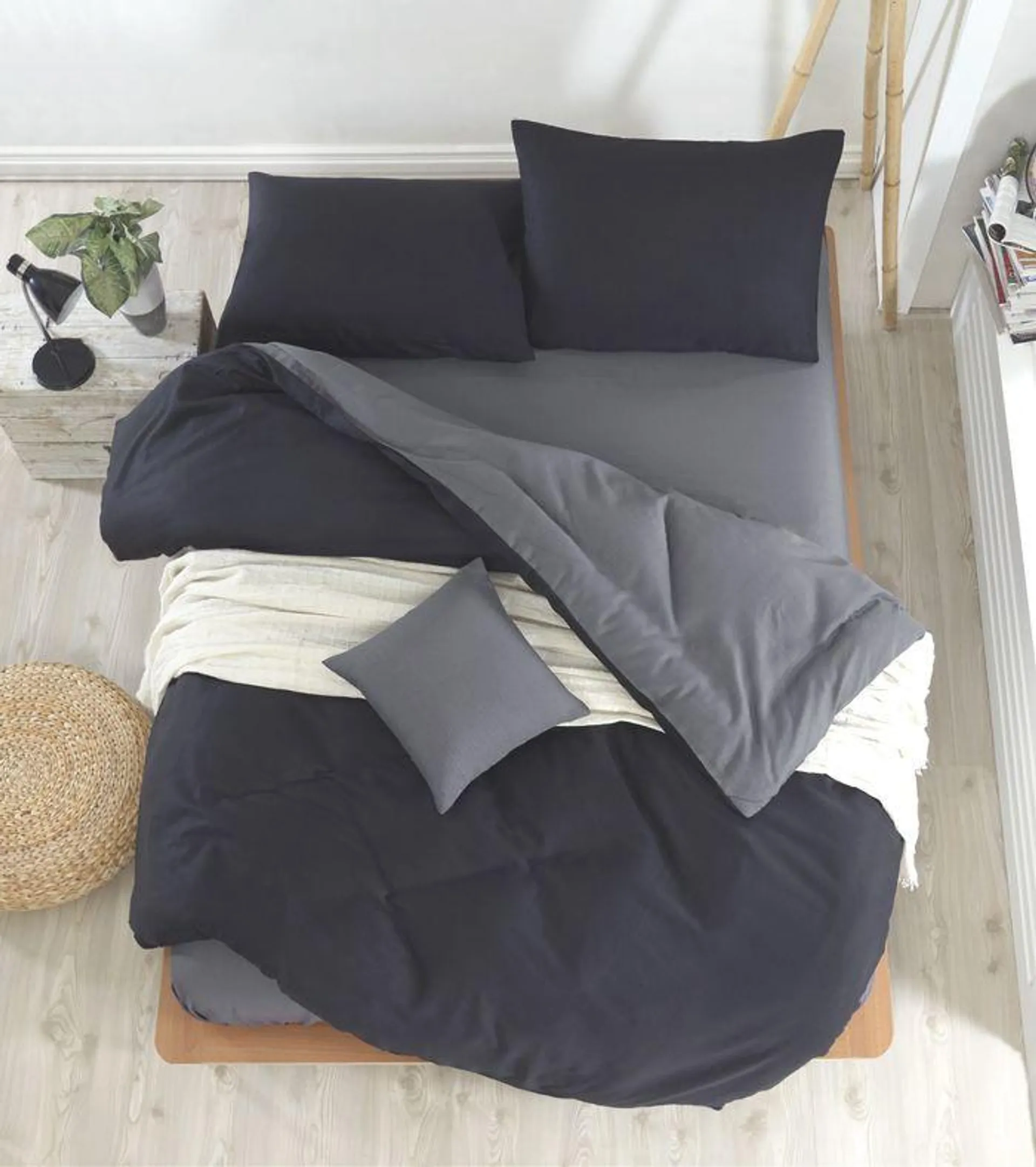 Juego de cama bicolor 200x220cm con sábana plana 220x240cm y 2 fundas de almohada 50x70cm Duopligo Negro y antracita