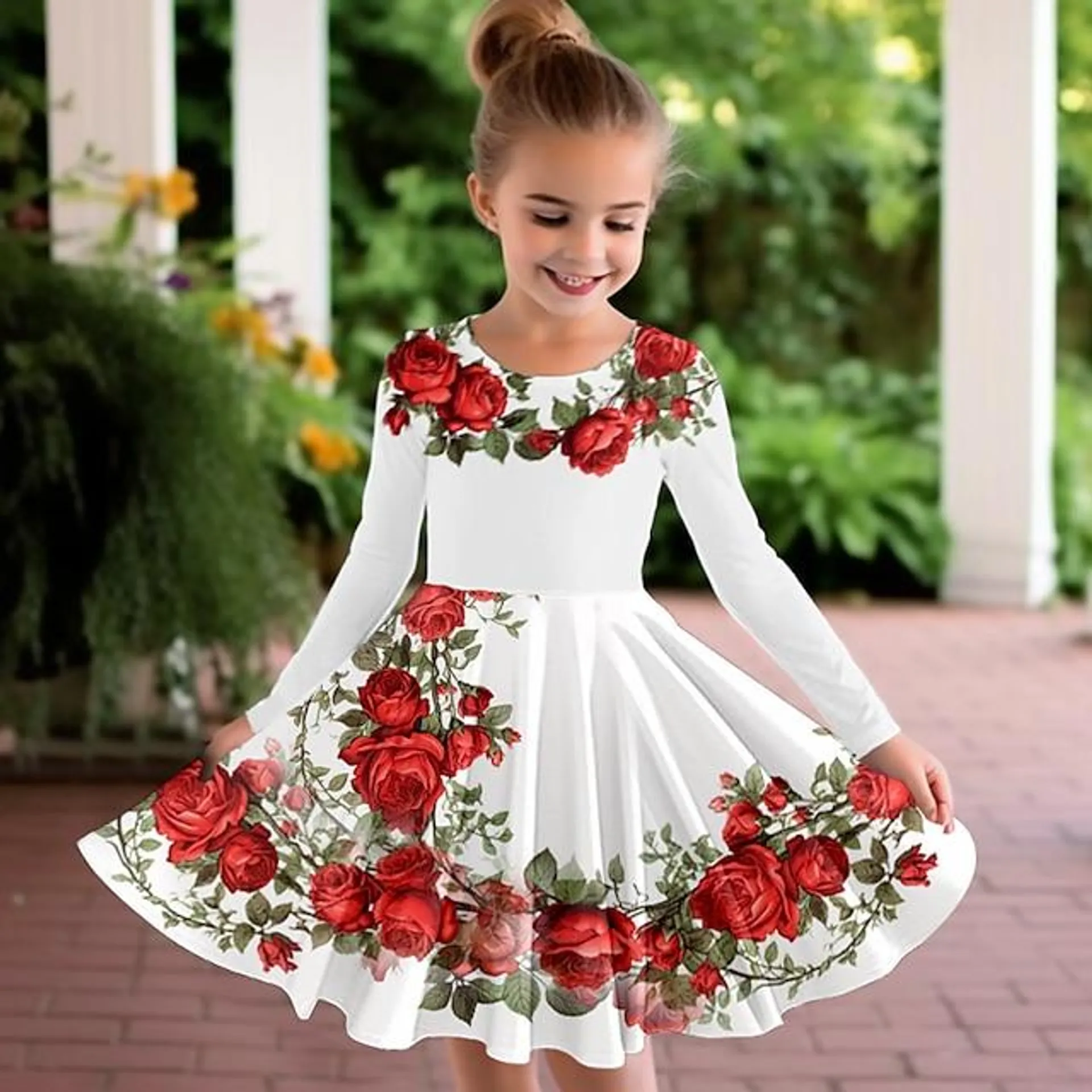 Girls ' 3D Graphic Floral Mariposa Vestido Manga Larga Impresión 3D Verano Otoño Deporte Diario Festivos Estilo lindo Casual Hermosa Niños 3-12 años Vestido informal Vestido de una línea Sobre la