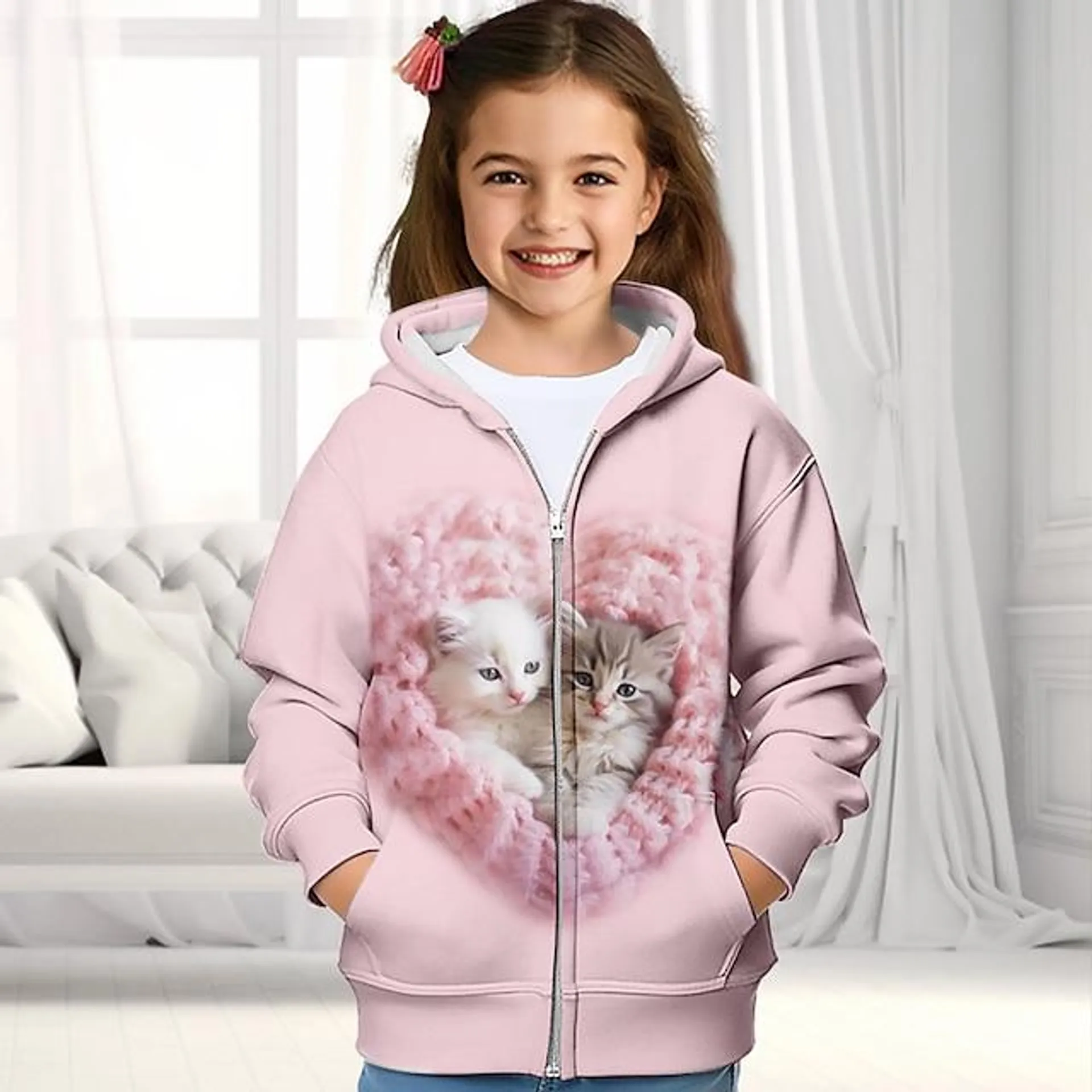 Chica 3D Gato Sudadera Abrigo Abrigos Manga Larga Impresión 3D Otoño Invierno Activo Moda Estilo lindo Poliéster Niños 3-12 años Exterior Casual Diario Ajuste regular