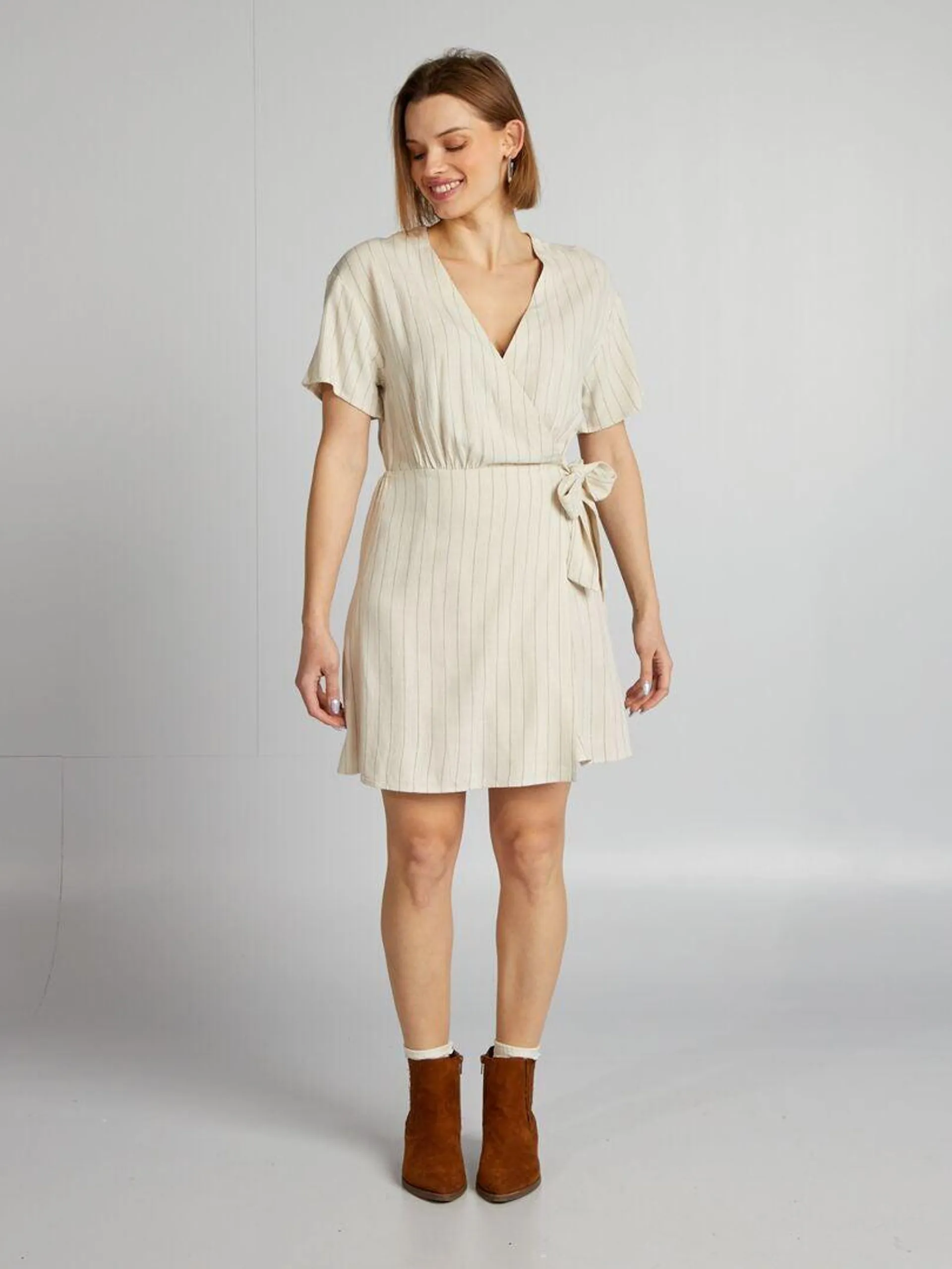 Vestido wrap de lino - BEIGE