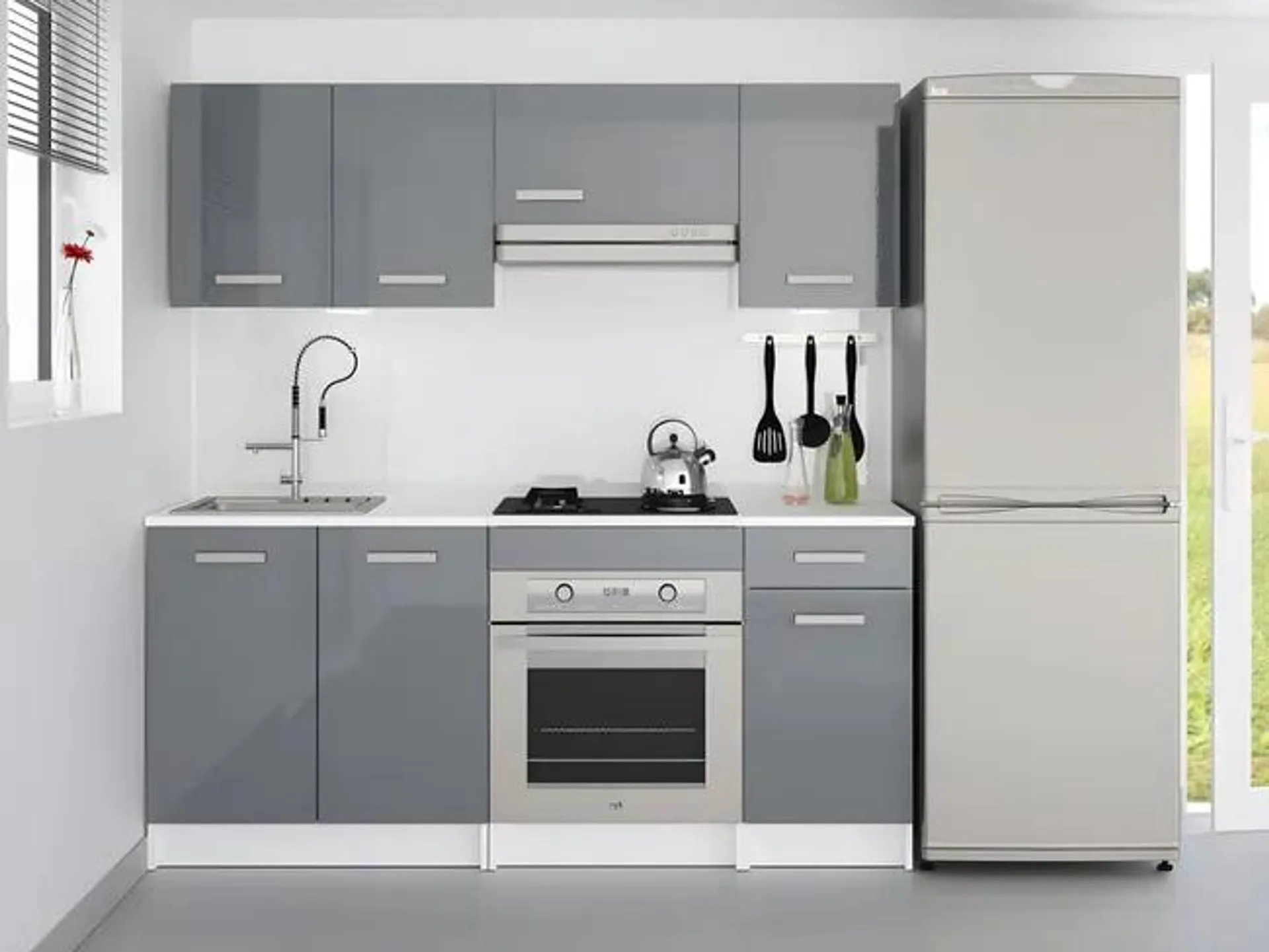 Cocina completa - Con encimera 180 cm - Gris brillante y Blanco - TRATTORIA