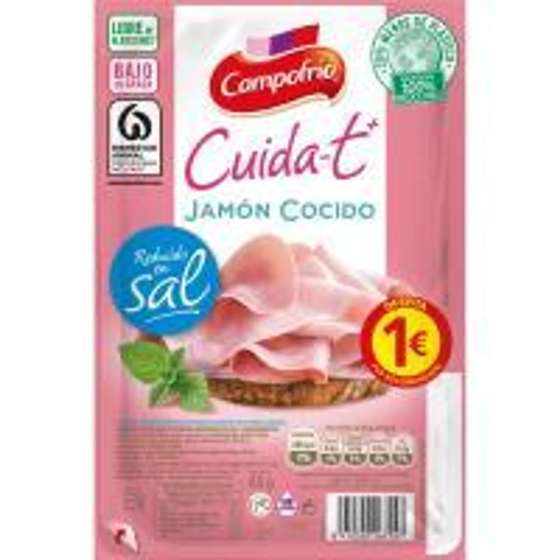 Jamón reducido en sal CAMPOFRÍO Cuidate-t +, bandeja 65 g