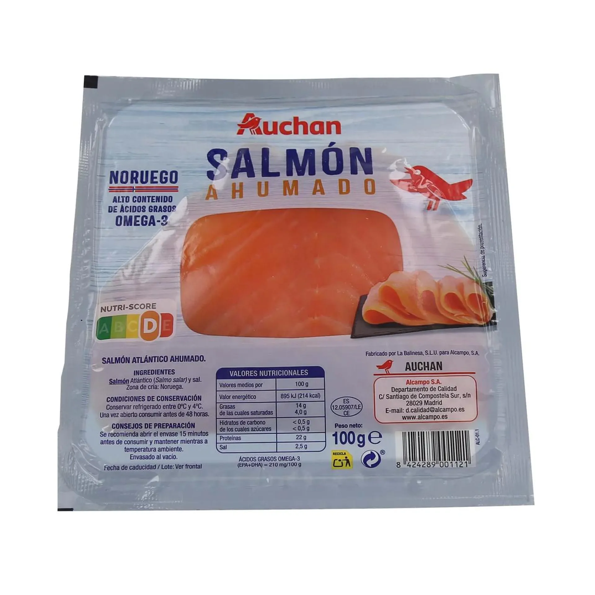 AUCHAN Salmón ahumado Noruego en lonchas 100 g. Producto Alcampo