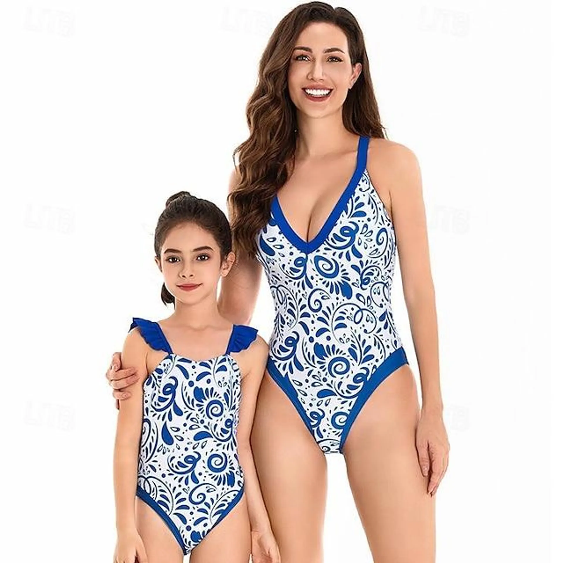 Mami y yo Traje de baño Bloque de color Fiesta Azul Piscina Sin Mangas Trajes de mamá y yo Diario Trajes a juego