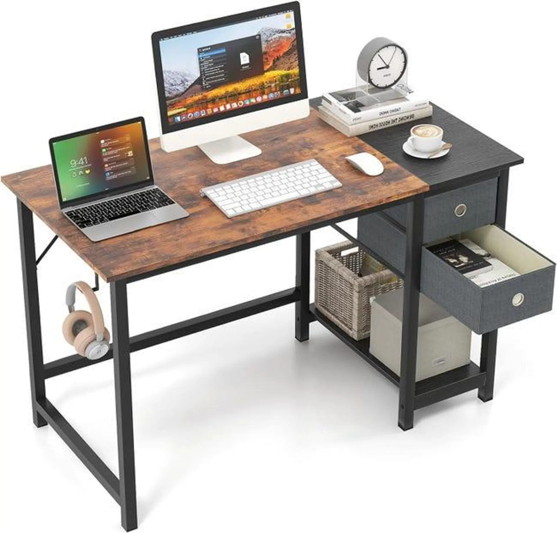 COSTWAY Escritorio con Cajones 120/140cm, Mesa Ordenador con 2 Cajones y 1 Estante, Mesa Escritorio Industrial, Marrón Rústico y Negro (120x60 cm)