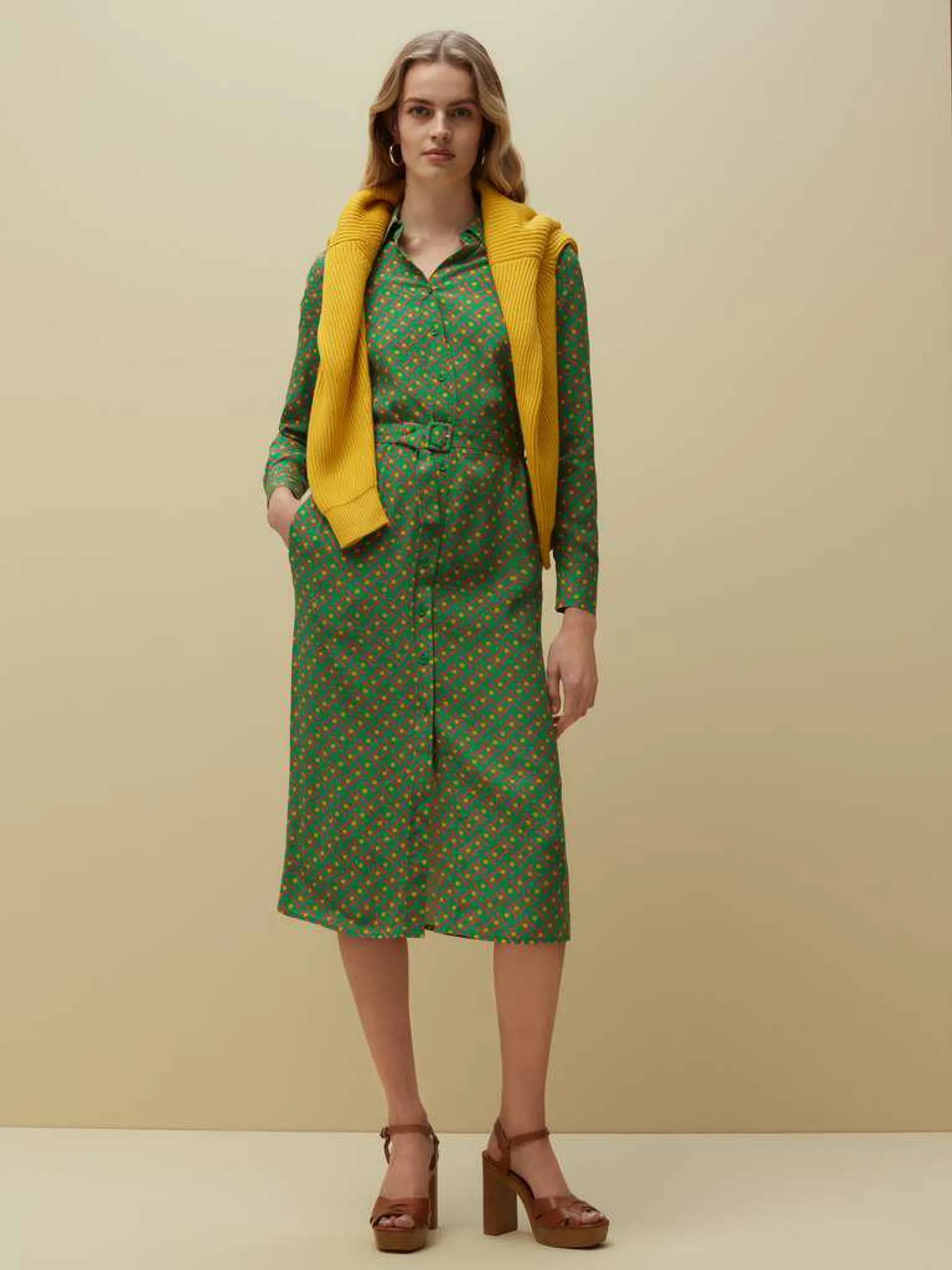 Green/Yellow Printed shirt dress with belt