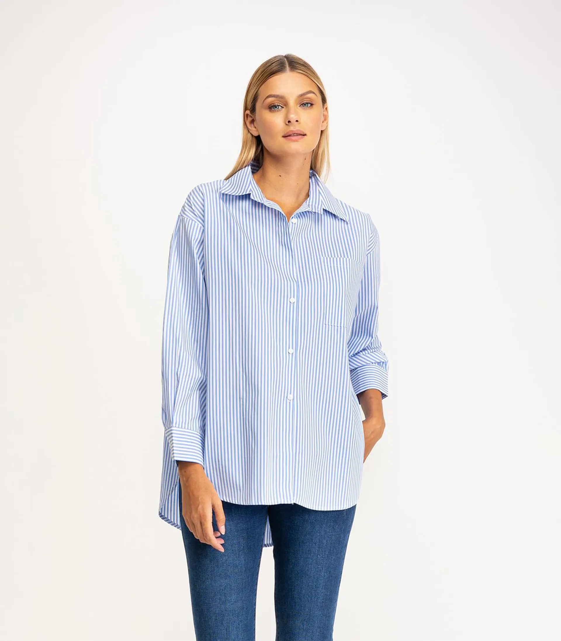 Camisa oversize de rayas y botones con bolsillo Blue