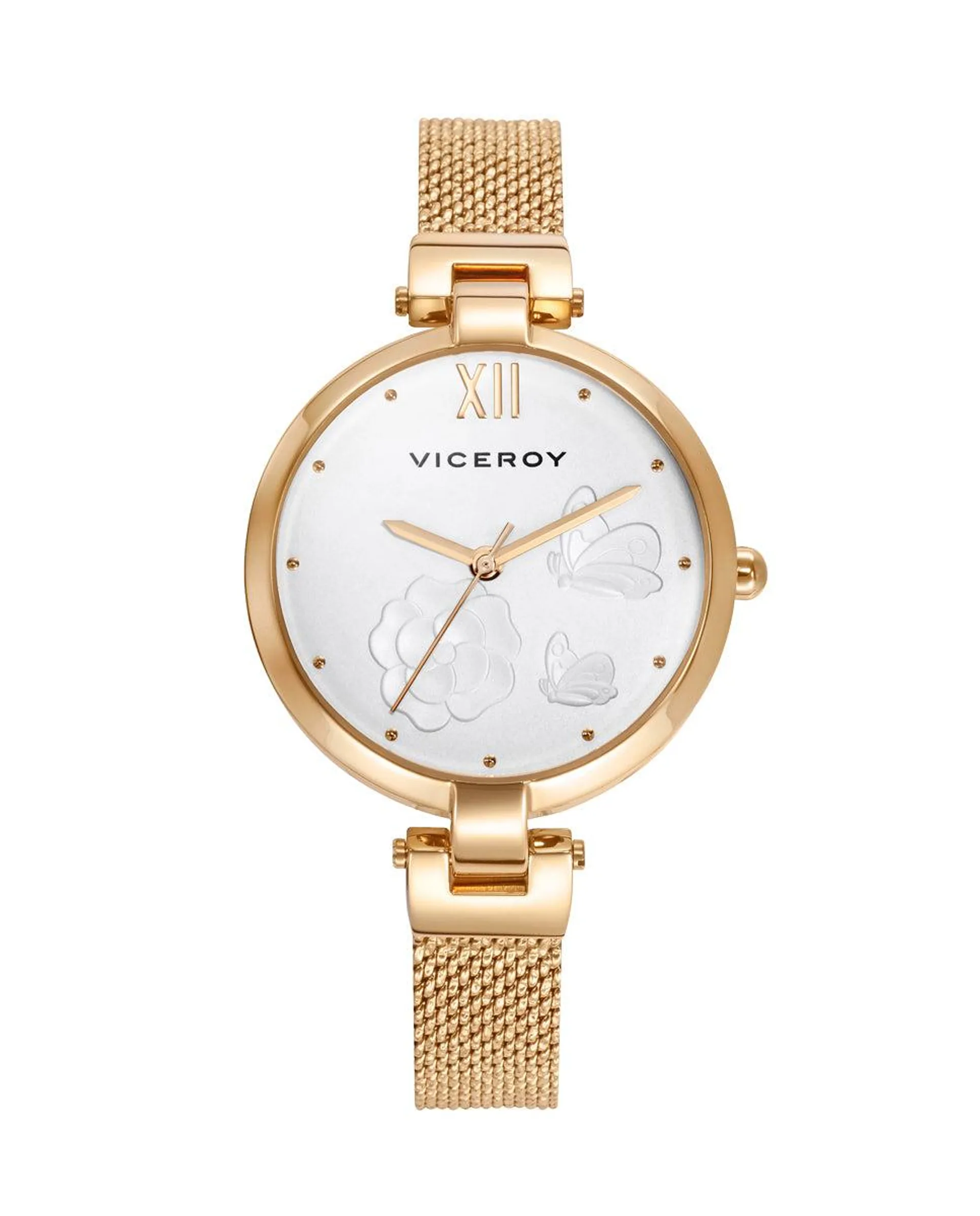 Reloj de mujer Kiss de acero con esfera blanca y malla IP dorado con textura