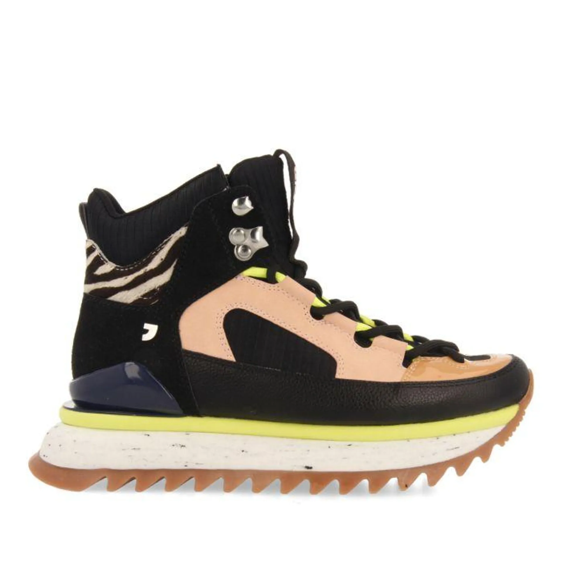 Niagara women's black mountain boot-style sneakers with animal-print, pastel and neon details