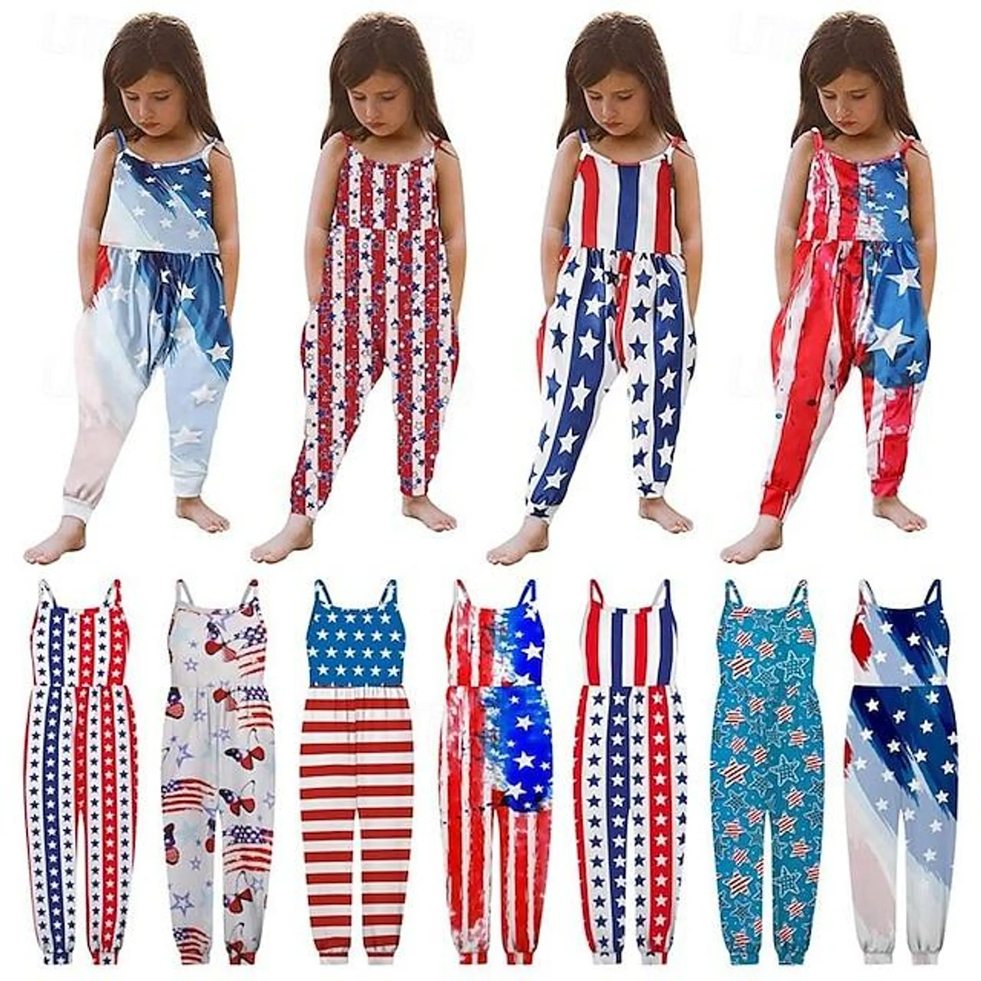 Mono de estrella sin espalda con tirantes de verano para niñas y niños, traje de escalada para el Día de la Independencia Americana, mono, ropa para niños