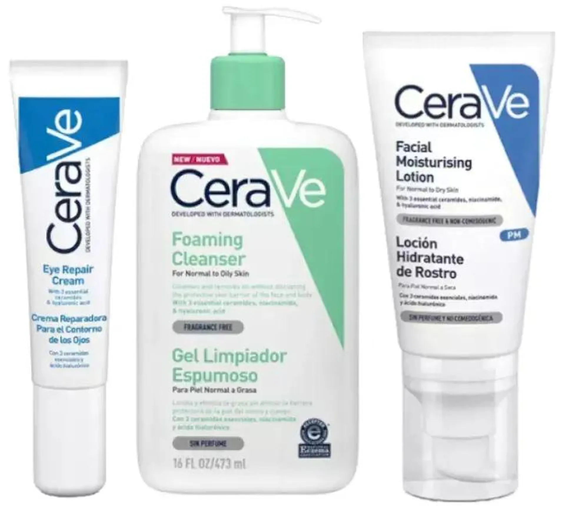 CeraVe Gel Limpiador Espumoso 473 ml + Contorno Ojos 14 ml + Crema Hidratante 52 ml