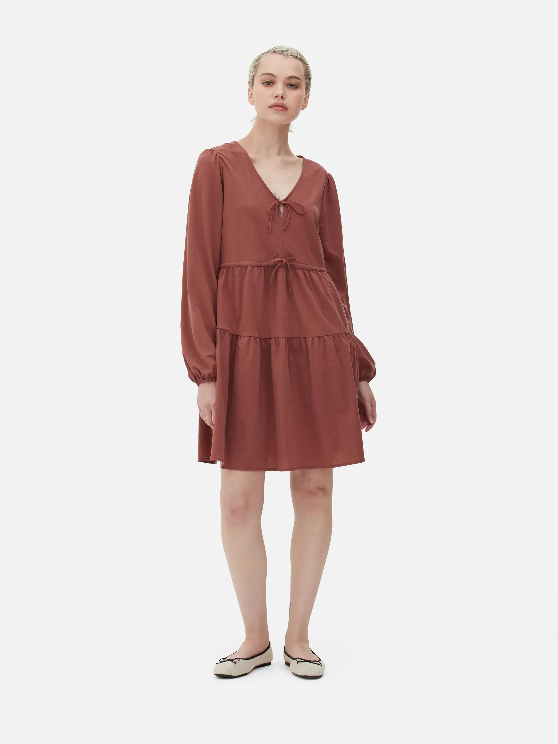 Tie V-Neck Smock Mini Dress