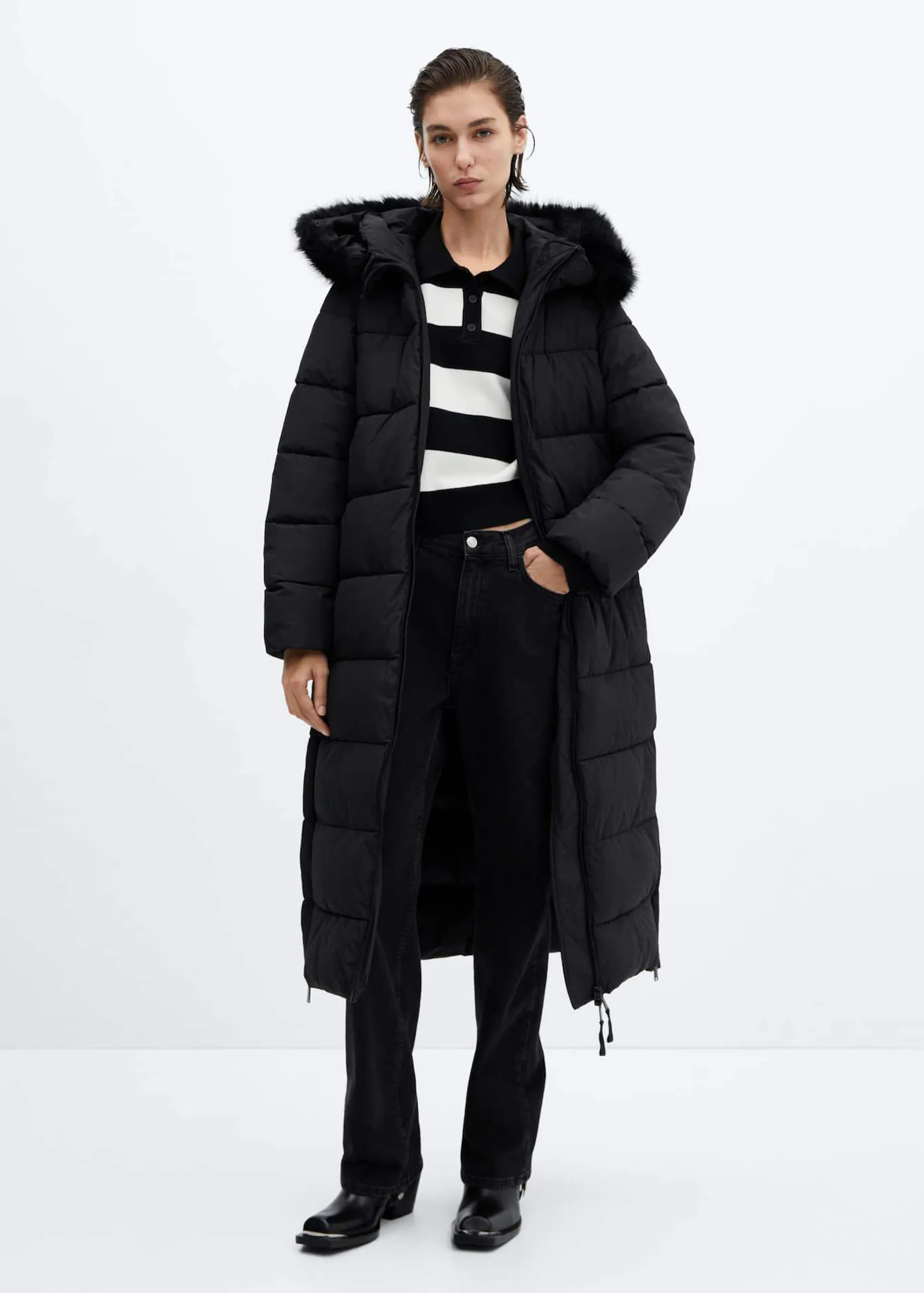 Faux fur hood quilted coat