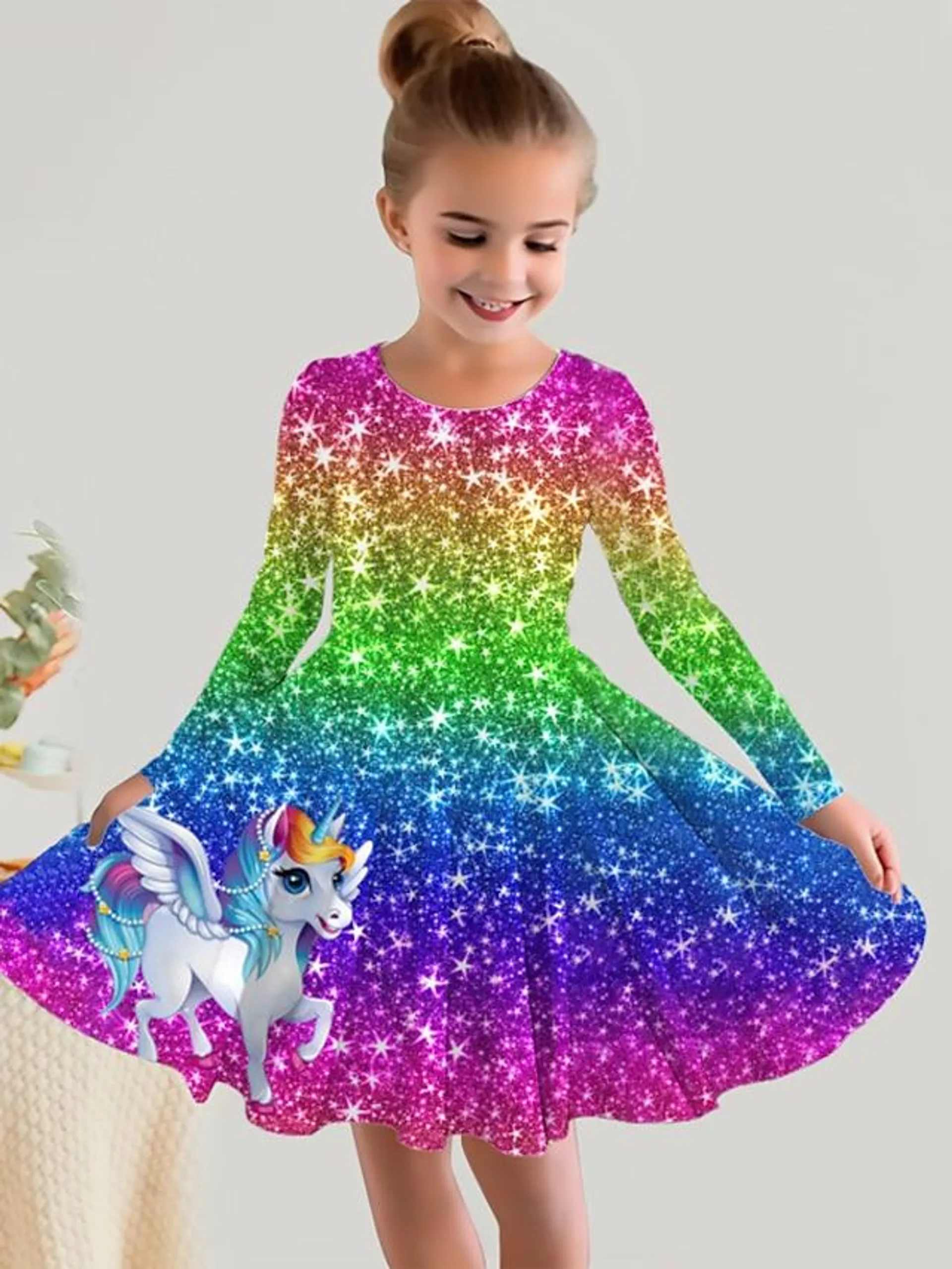 Niños Poco Chica Vestido Graphic Vestido de una línea Diario Festivos Vacaciones Estampado Azul Piscina Morado Arco Iris Sobre la rodilla Manga Larga Estilo lindo Casual Dulce Vestidos Otoño Primavera