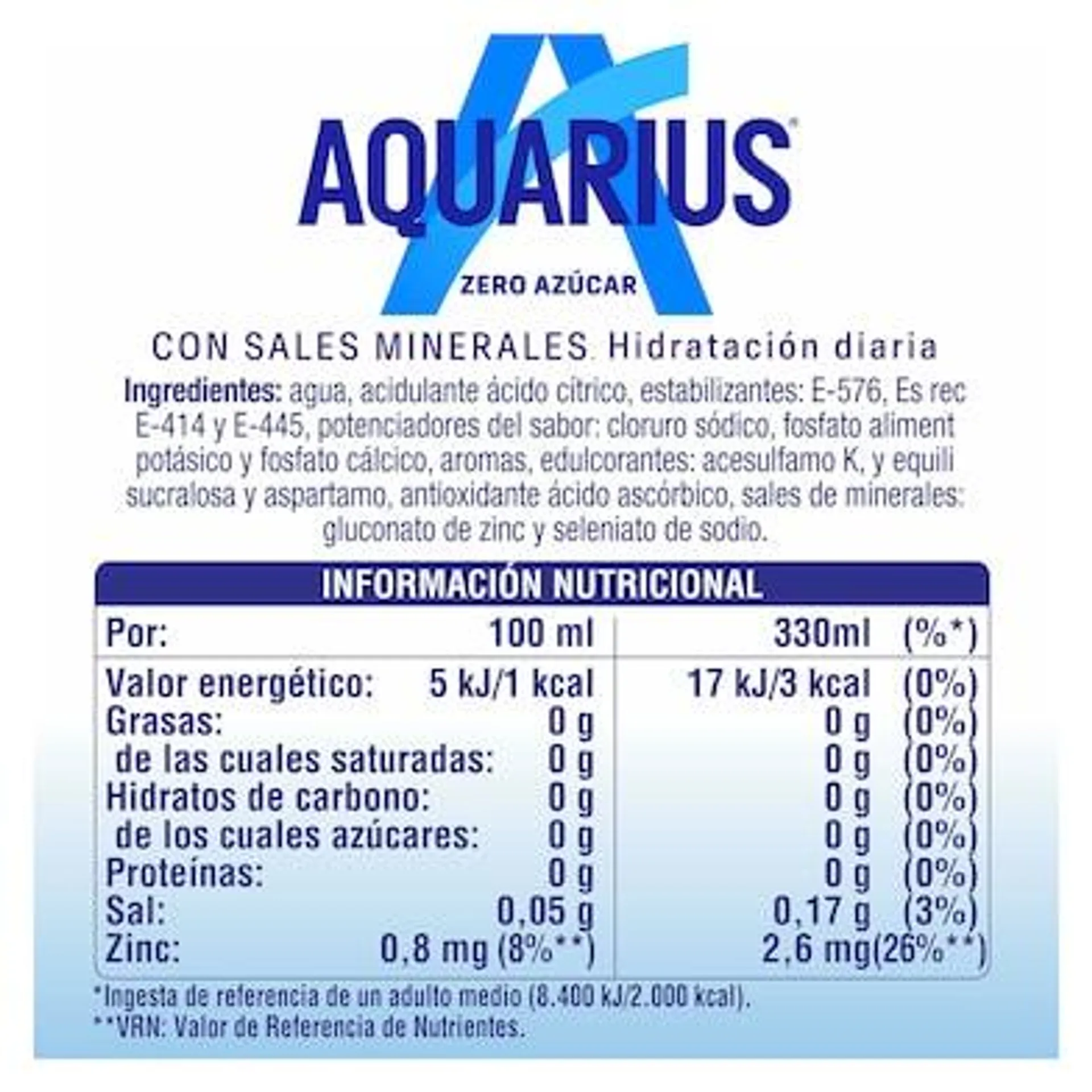 Bebida refrescante de limón zero azúcar Aquarius lata 330 ml