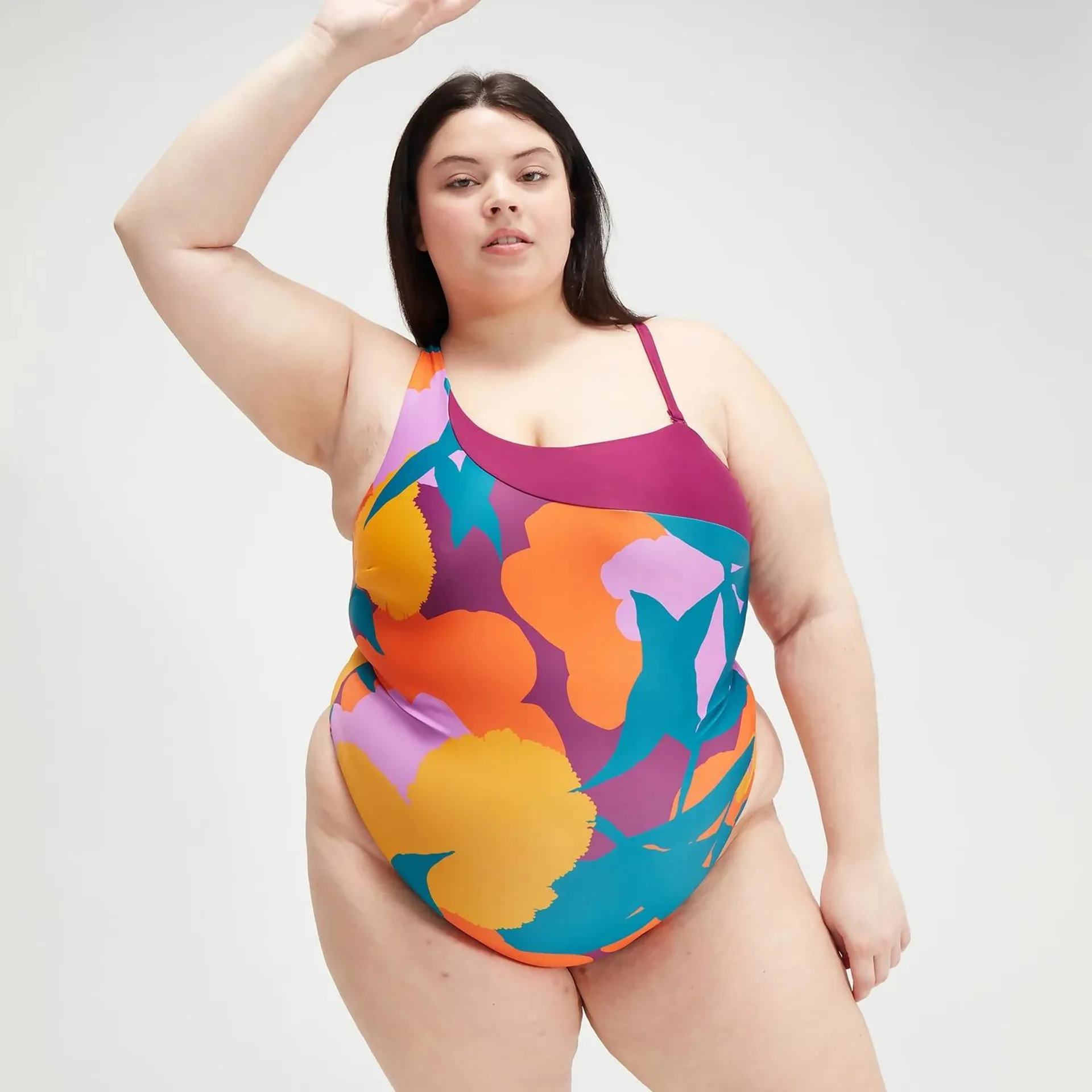 Bañador estampado y asimétrico para mujer (tallas grandes) Verde/Amarillo/Naranja/Morado