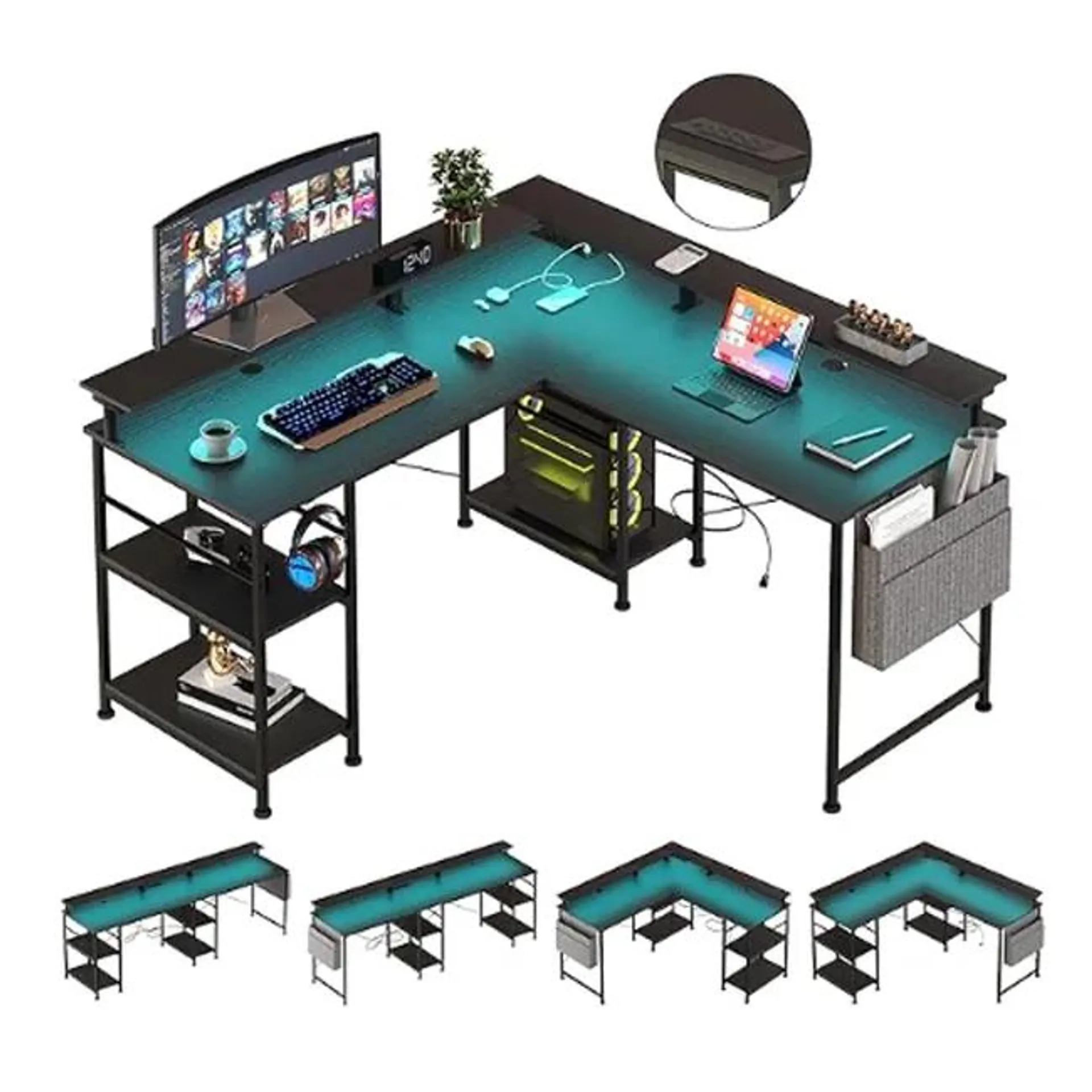 Escritorio en forma de L Tbfit, escritorio de computadora reversible con toma eléctrica y tira de LED, escritorio de gaming con soporte para monitor y