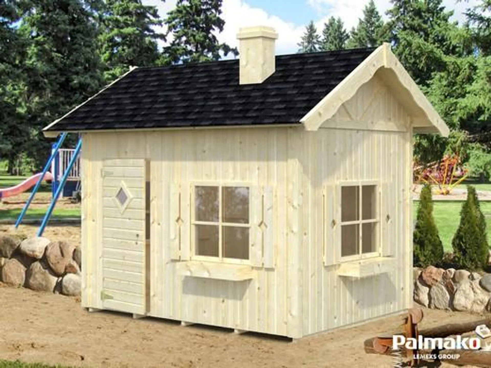 Casita infantil de juegos Grete. Casita de juegos para niños, fabricada en paneles de madera prefabricados.