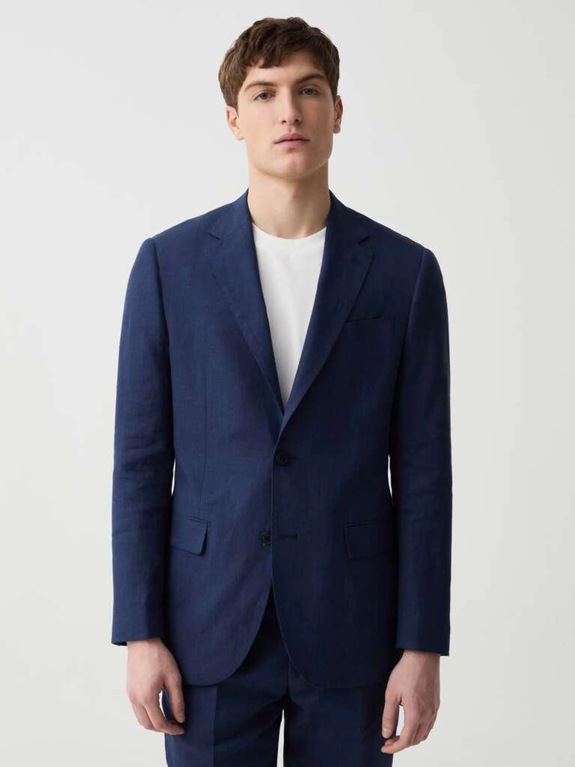 Slim-fit single-breasted blazer in linen Bleu indigo