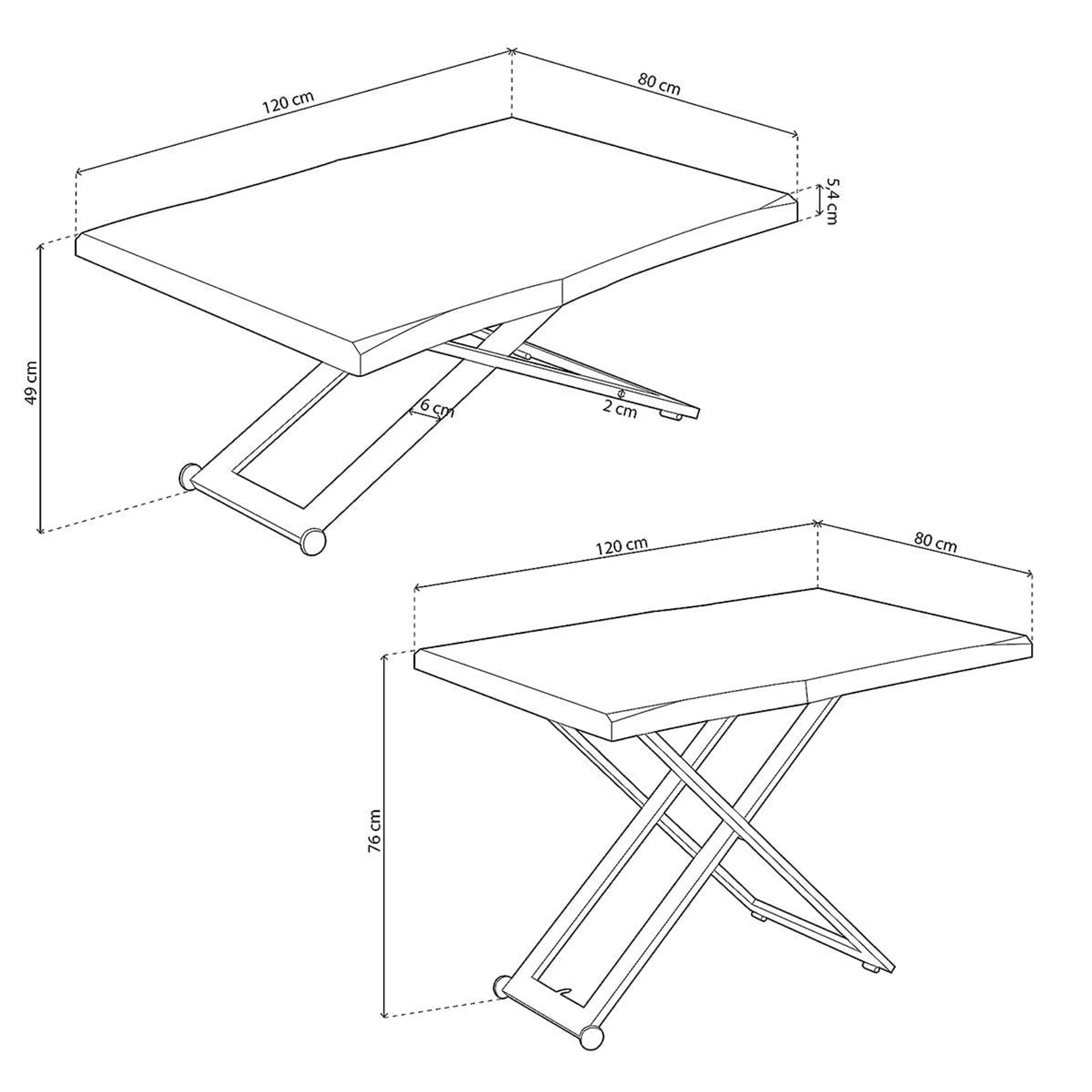 Mesa de centro Zoe elevable con tapa irregular 49-76x120x80 cm