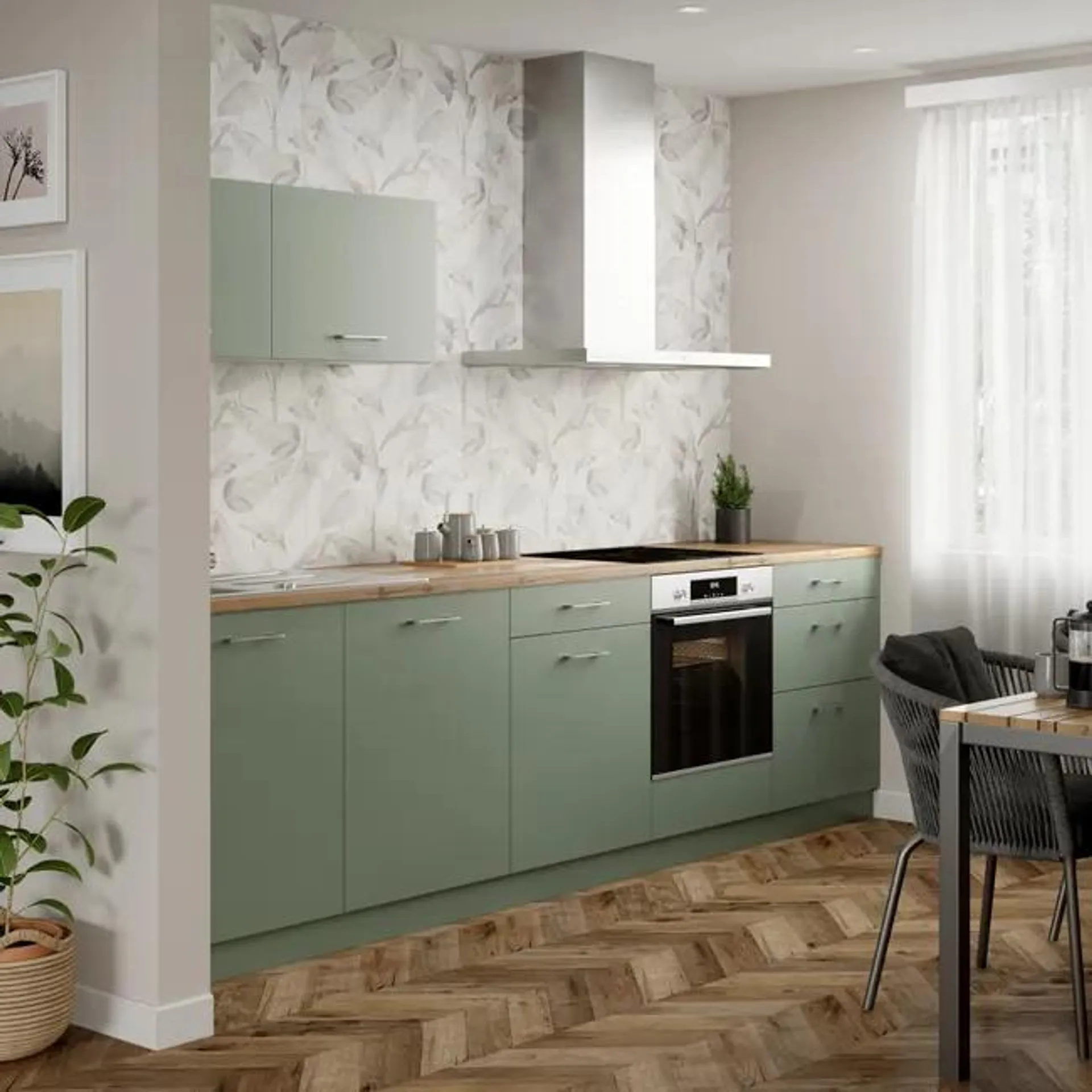 Cocina en kit Vienne verde 300 cm con 2 módulos altos + 5 módulos bajos