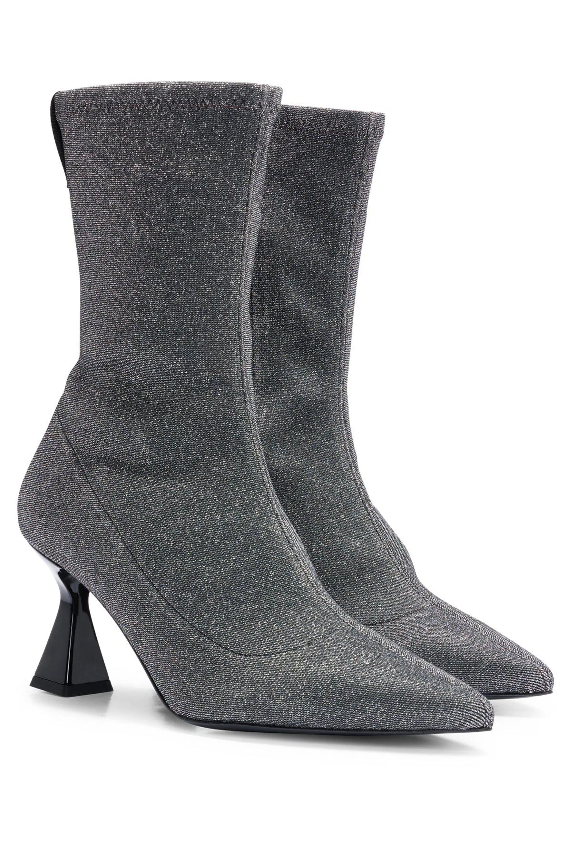 Botines de tela brillante con tacón y cremallera