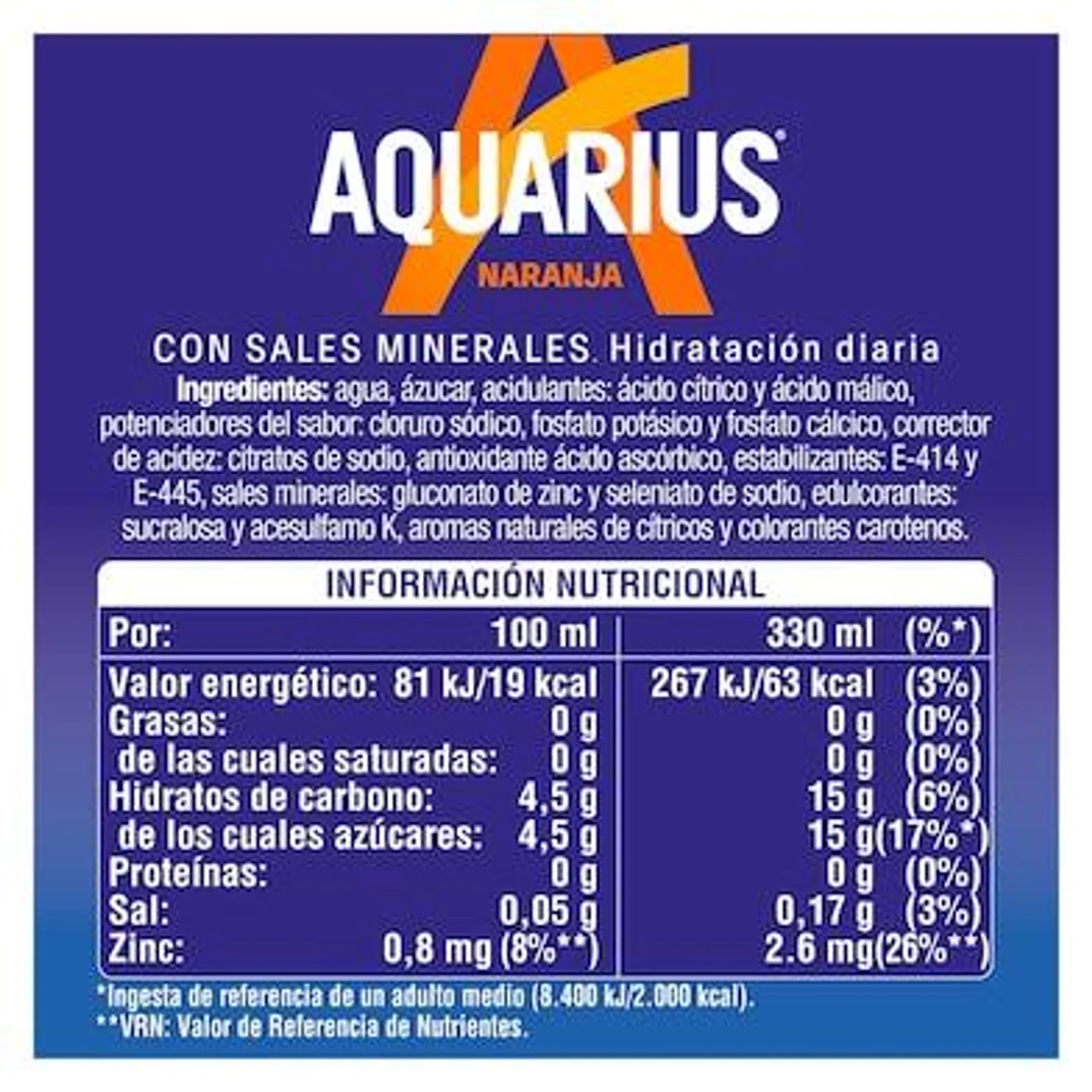 Bebida refrescante de naranja Aquarius lata 330 ml