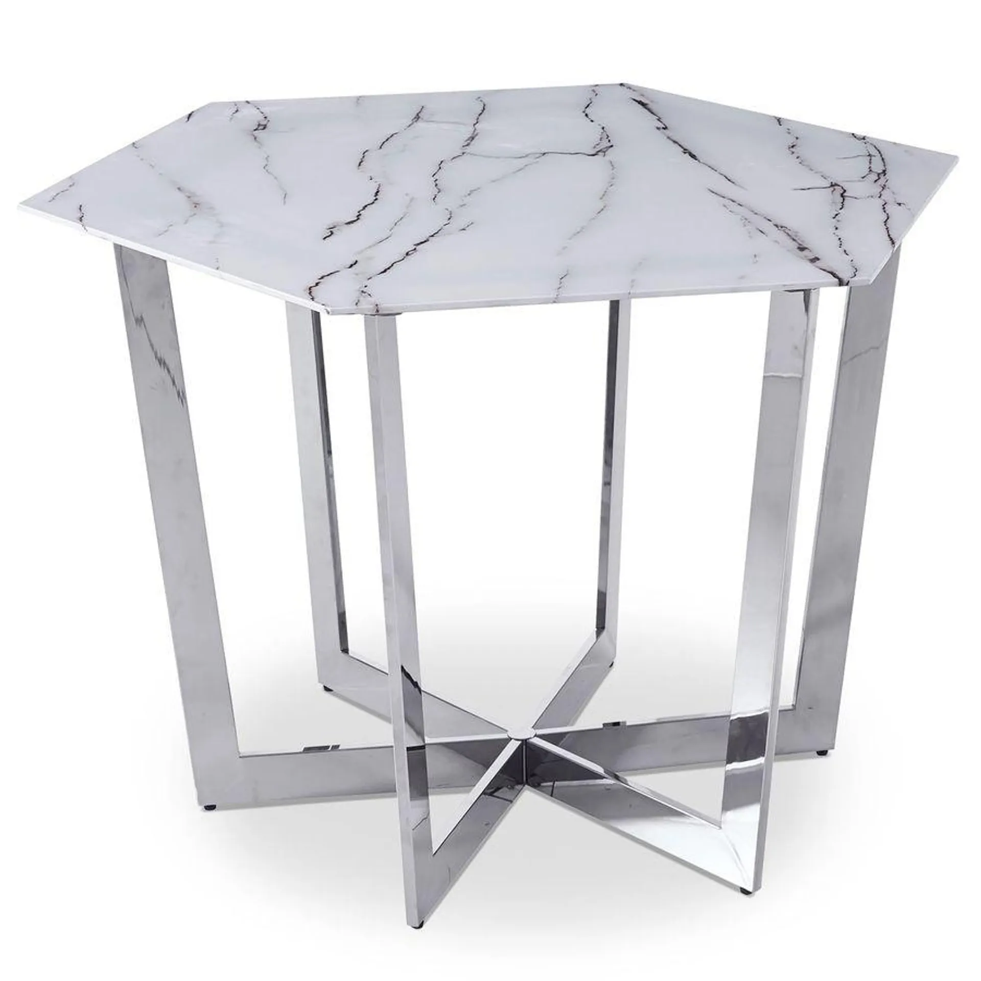 Mesa hexagonal 120cm Zadig Cristal efecto mármol blanco y pata de metal plateada